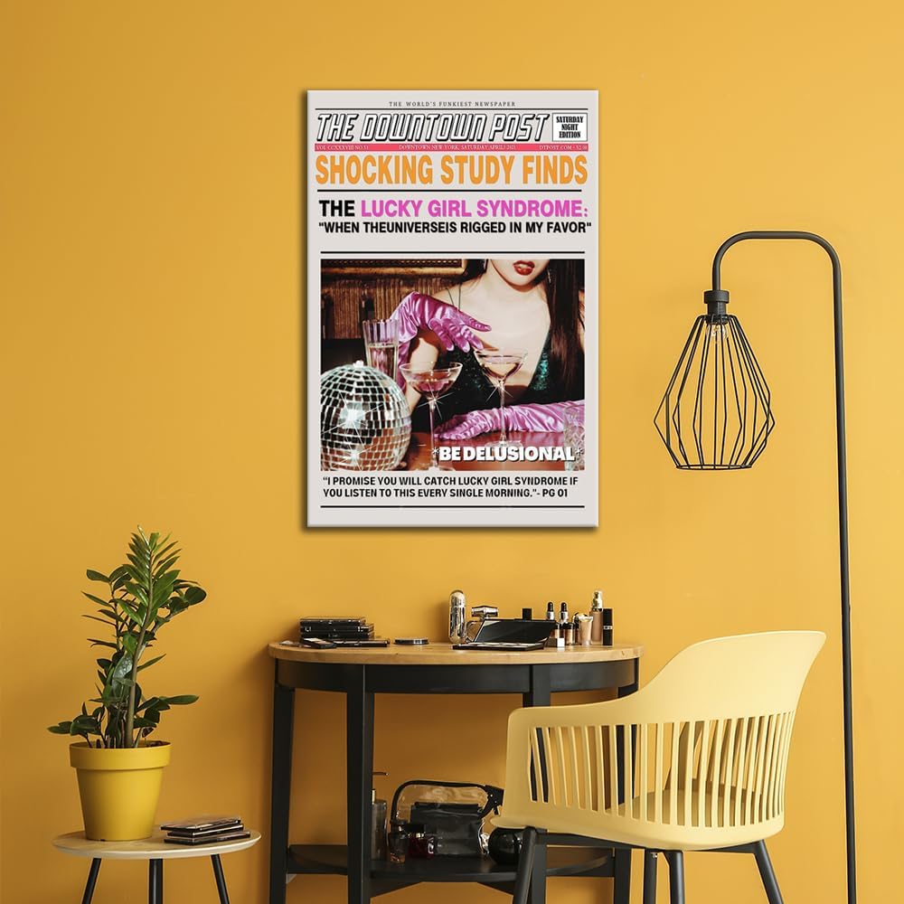 Decoración de bola de discoteca en lienzo, arte de pared, diseño de groovy, póster impreso con texto en inglés Lucky Girl, Bebida de la suerte,
