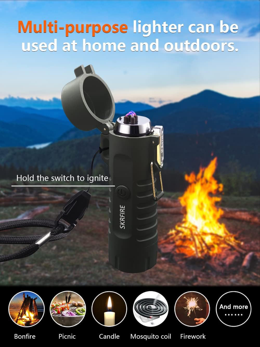 SKRFIRE Encendedor eléctrico recargable USB de plasma de doble arco, impermeable, fresco, portátil, con brújula, linterna a prueba de viento,