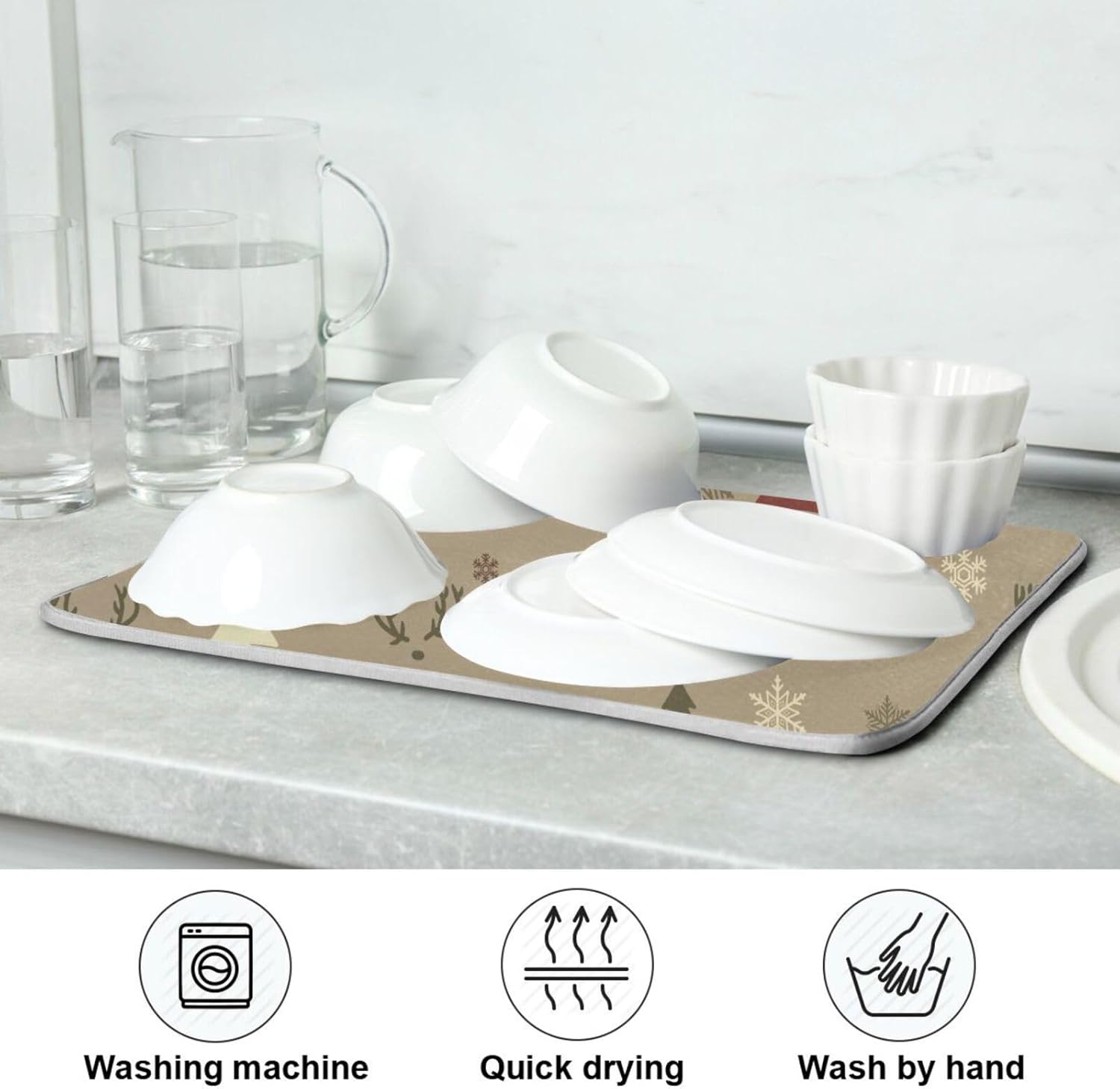 Tapete de secado de platos con copos de nieve y ciervos de Navidad, lavable, absorbente, bandeja escurridor de platos, tapete para cocina, 16 x 18
