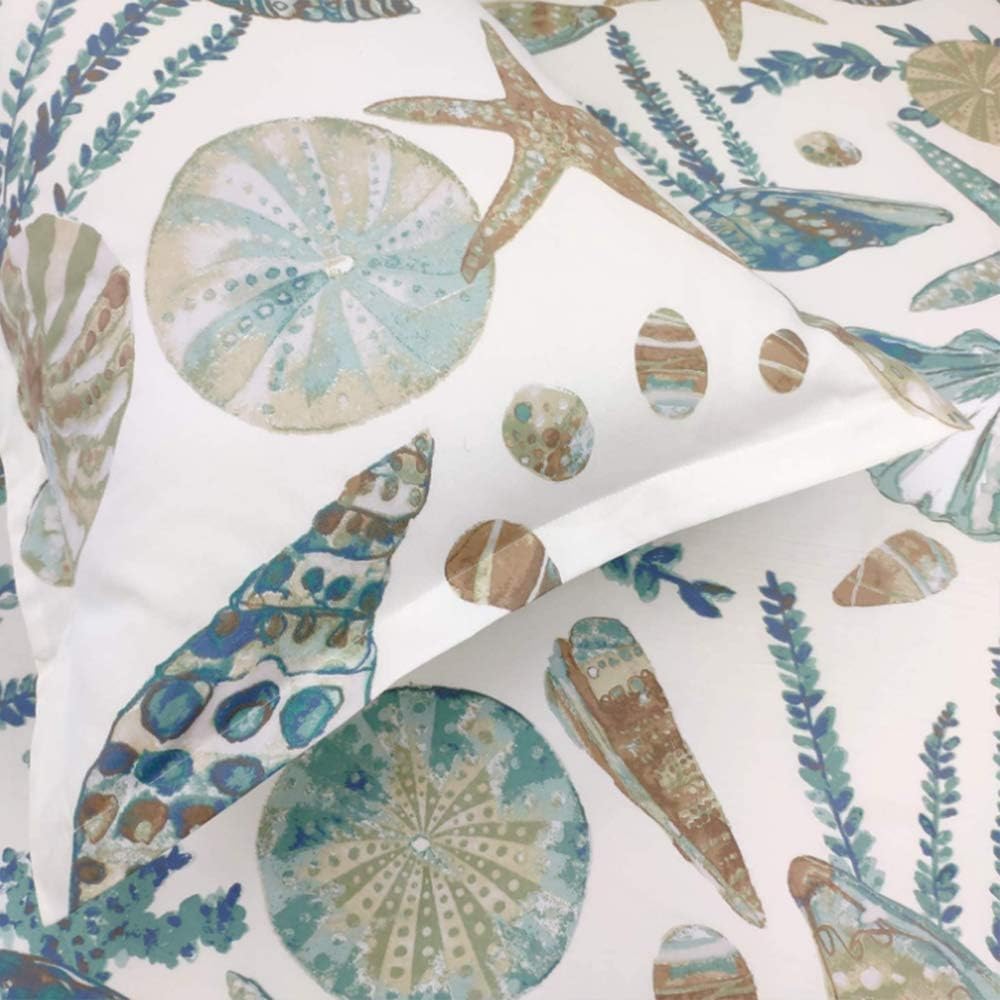 Juego de funda de edredón King, 100% algodón, suave ropa de cama costera de 3 piezas, diseño náutico de estrellas de mar y vida marina con cierre de