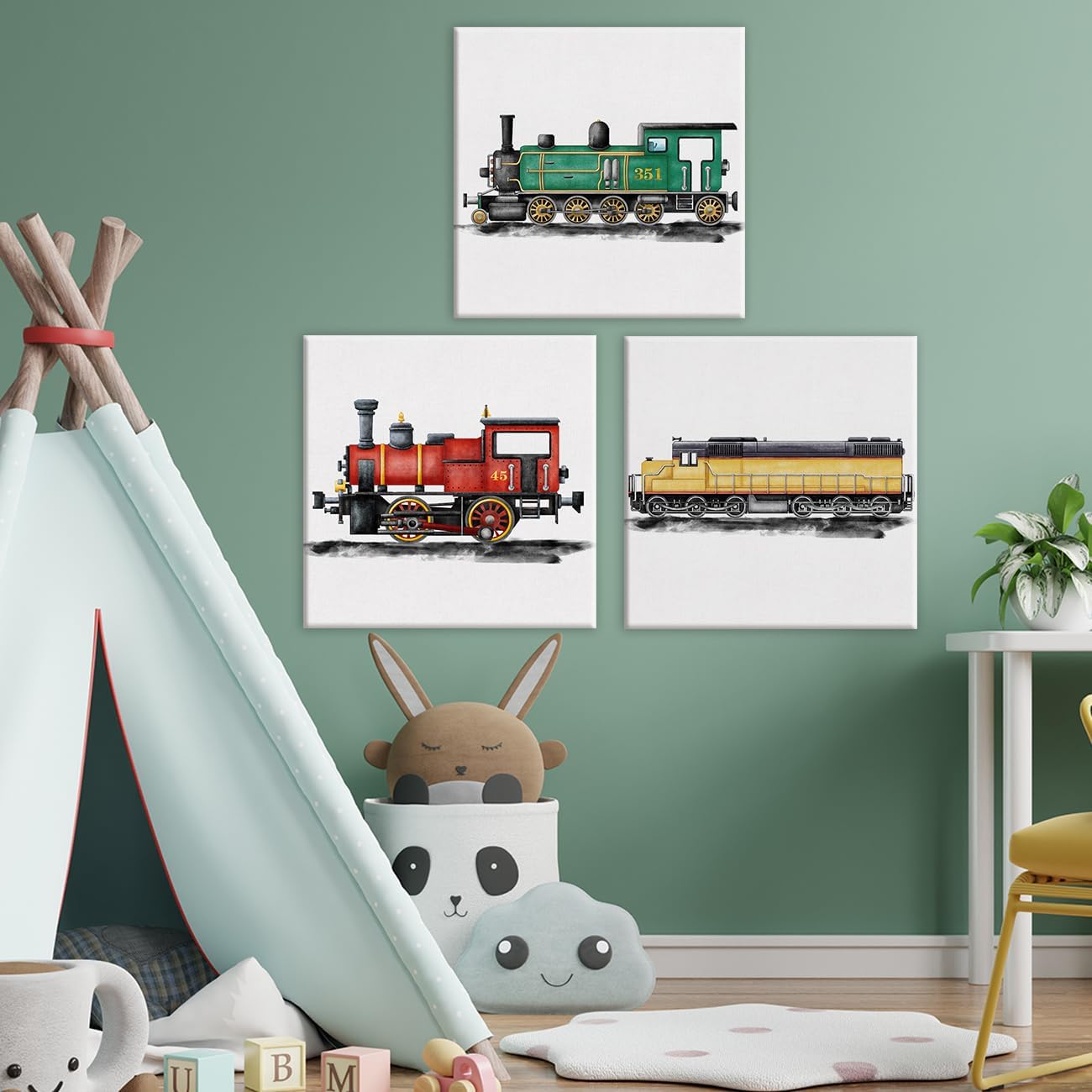 Juego de 3 lienzos artísticos de tren de vapor para cuarto de bebé, arte de pared, pinturas enmarcadas, impresiones de acuarela, locomotora de