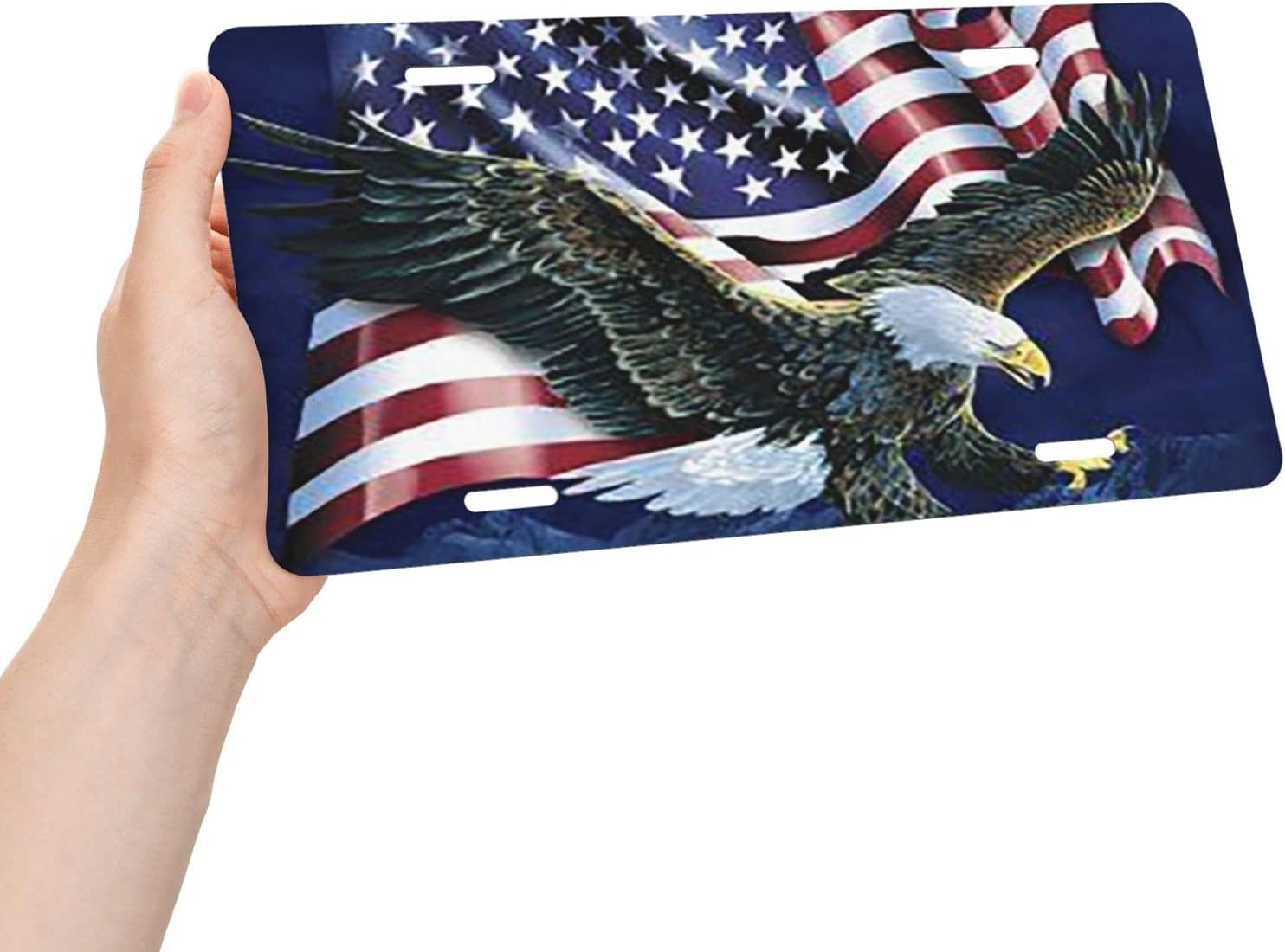 Cubierta de placa de matrícula con bandera de Estados Unidos voladora de águila en la montaña, placas de metal de aluminio fresco, placa de metal