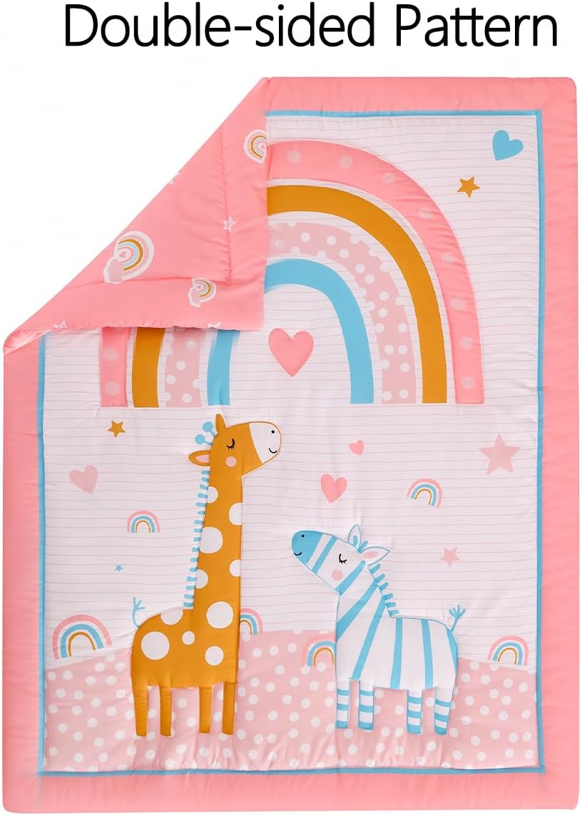 Juego de ropa de cama para cuna para niñas, 4 piezas, bohemio, arco iris, rosa, juego de ropa de cama para guardería con edredón de bebé, sábana