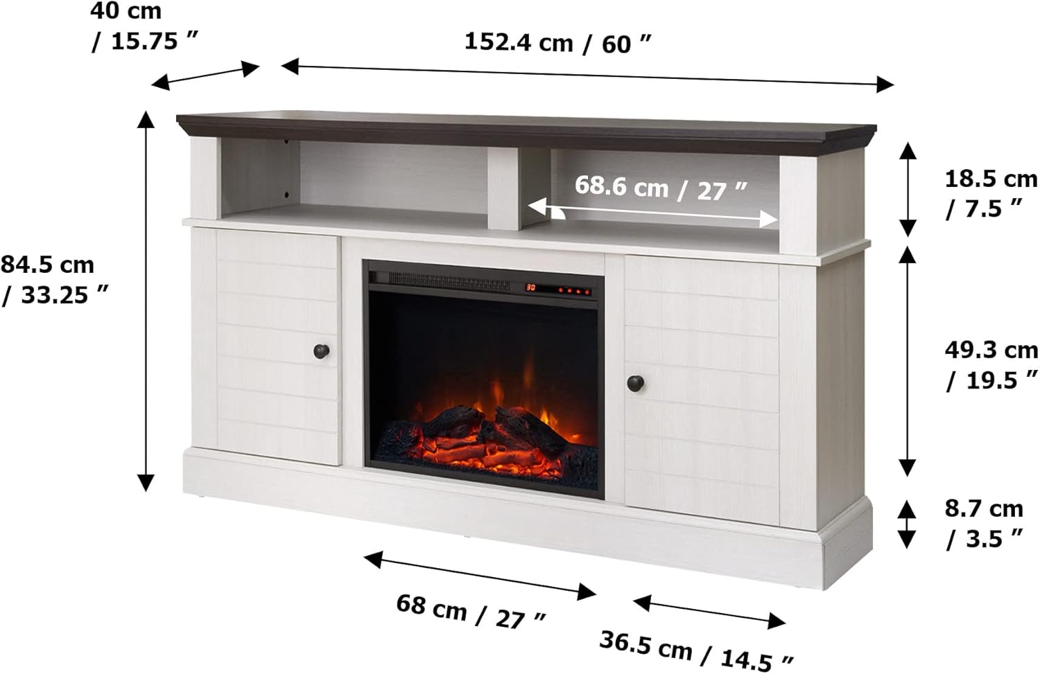 Teamson Home Eliana – Centro de entretenimiento de granja de 60 pulgadas con chimenea, estantes abiertos, dos gabinetes, roble blanco y oscuro