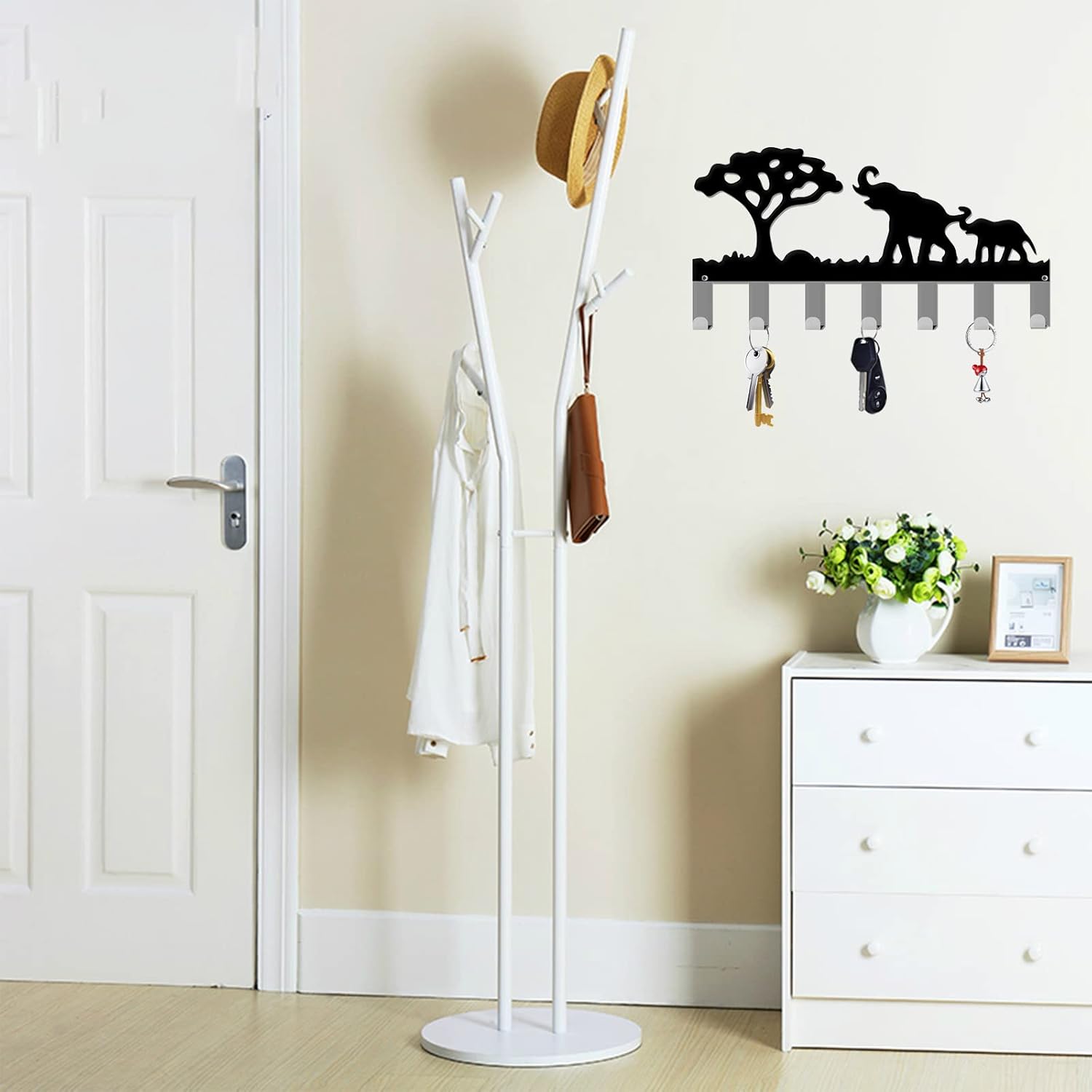 Soporte para llaves de elefante para pared, ganchos de metal para llaves montado en la pared con 7 ganchos, organizador negro para colgar en la