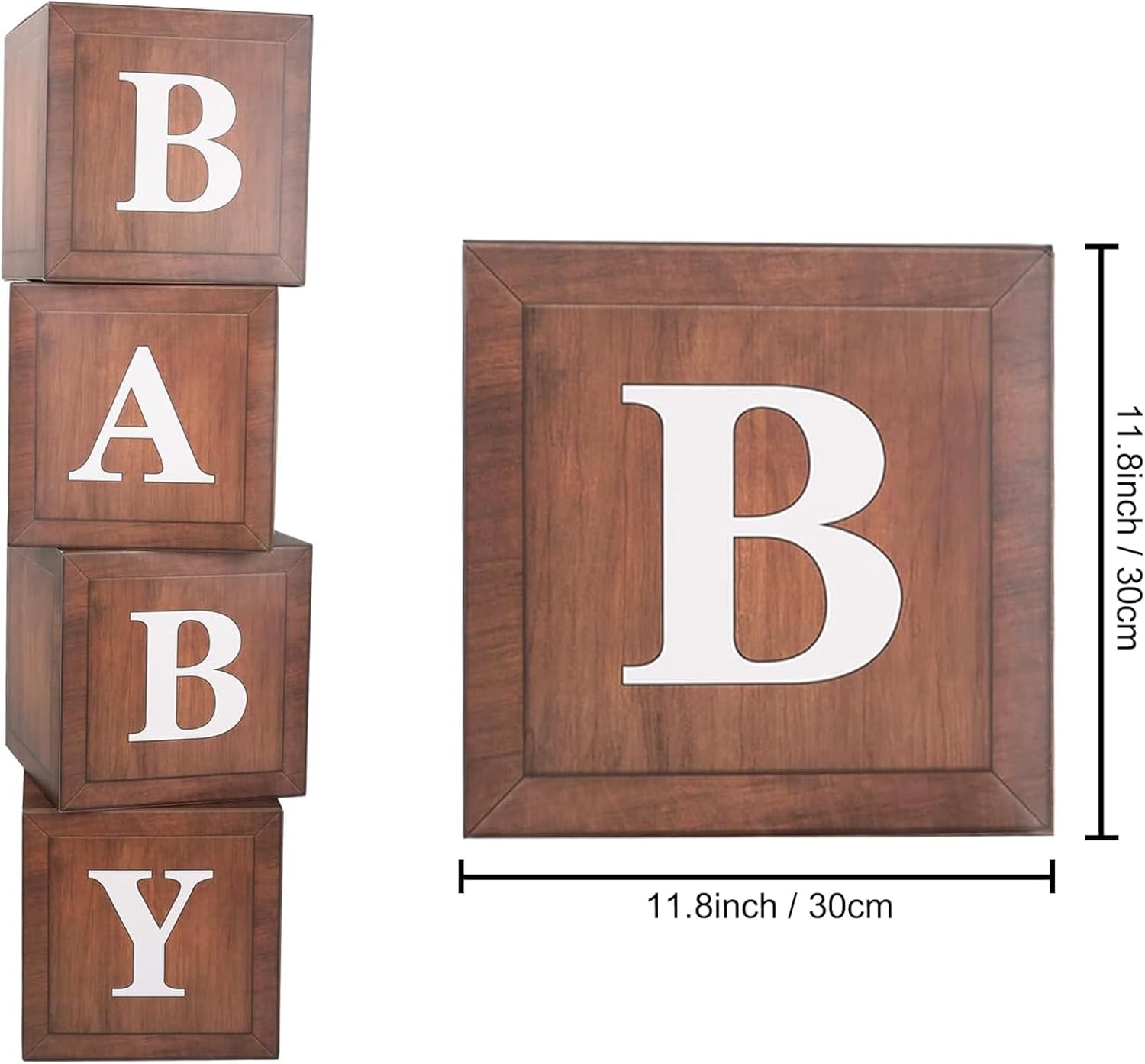 Cajas de bebé para baby shower, 4 piezas de bloques de grano de madera marrón con letras impresas de bebé para revelación de género de bebé,