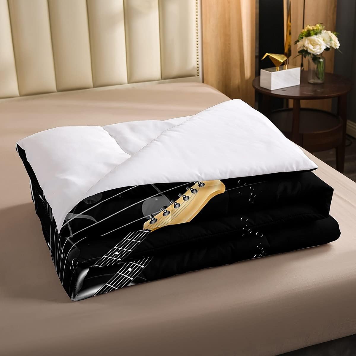 Erosebridal Juego de edredón de guitarra, juego de edredón de notas musicales para adolescentes, tamaño King, juego de ropa de cama de hip hop con