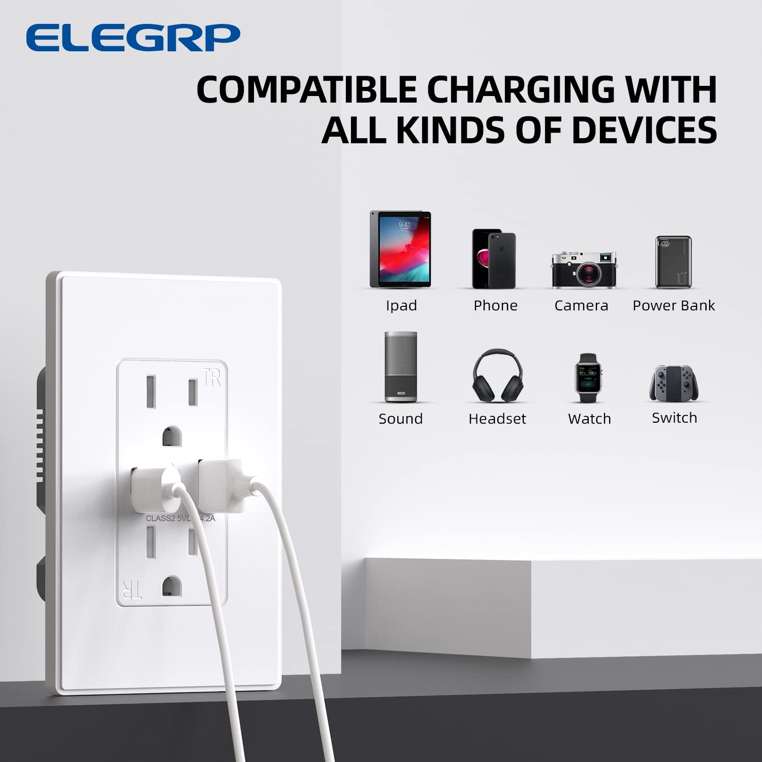 ELEGRP Cargador USB de pared, enchufe dúplex de 15 amperios resistente a manipulaciones con puertos USB tipo A y tipo C NEMA 5-15R, placa de pared