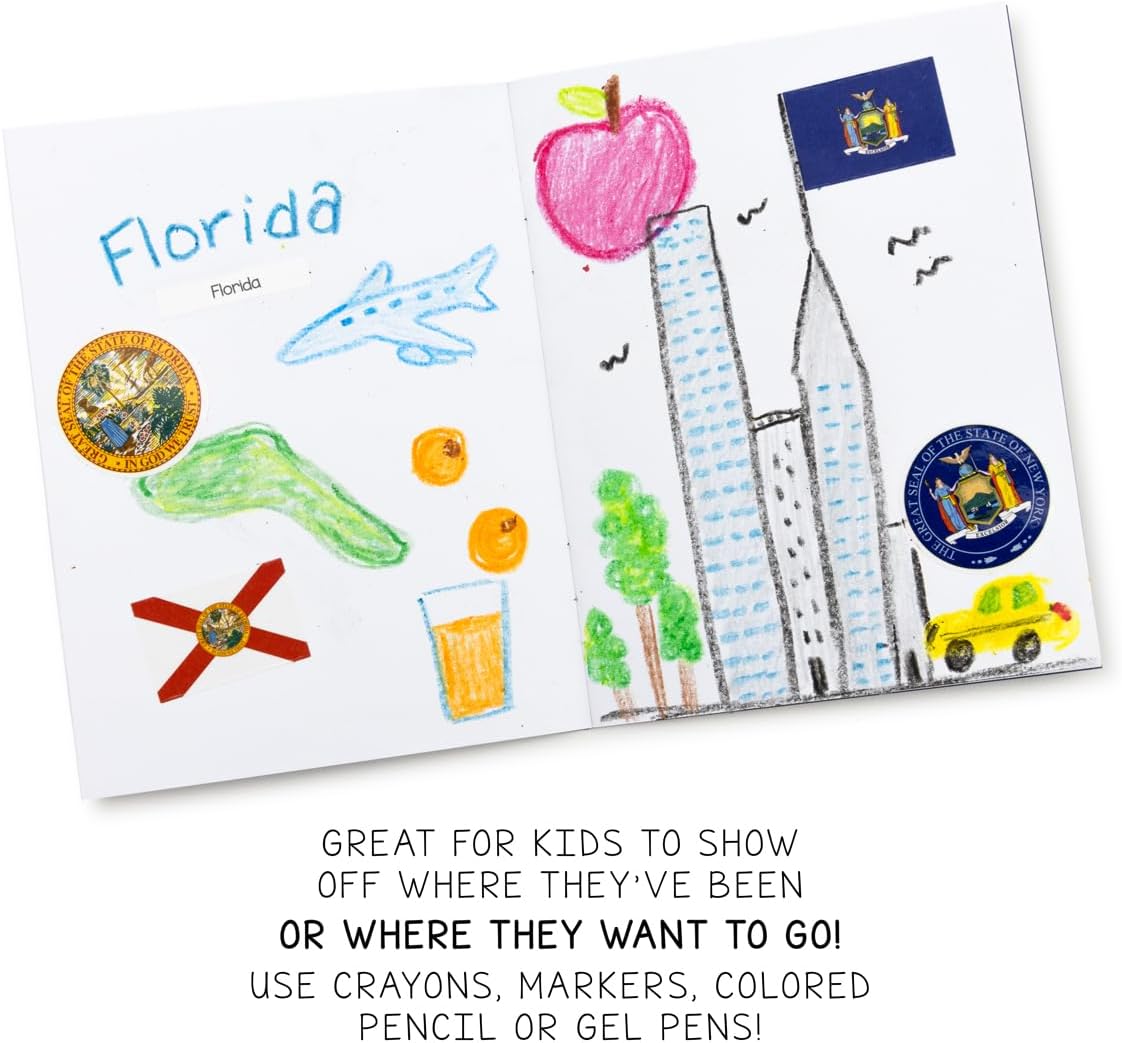 Hygloss Productos 10 libros de pasaporte en blanco con 108 banderas y sellos de Estados Unidos, para niños y profesores, incluye las 50 banderas y