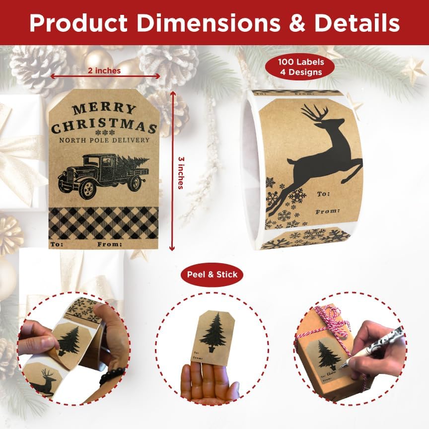 Etiquetas de regalo de papel kraft natural para regalo de vacaciones, 4 diseños diferentes, 2 x 3 pulgadas, 100 etiquetas en total