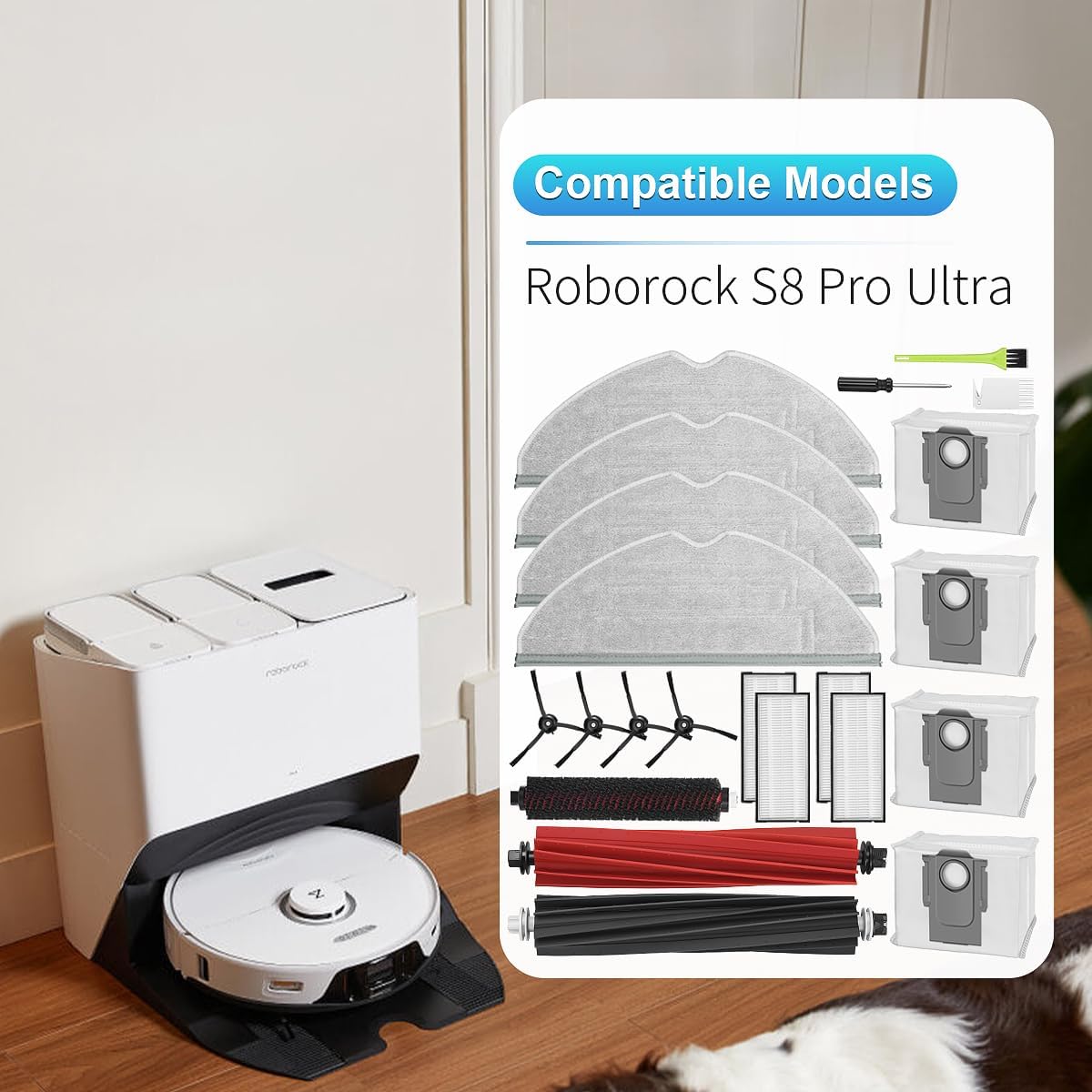 Kit de accesorios para Roborock S8 Pro UltraS8 Plus, 1 par de cepillos de goma dobles, 1 cepillo rodante autolimpiante, 4 almohadillas para