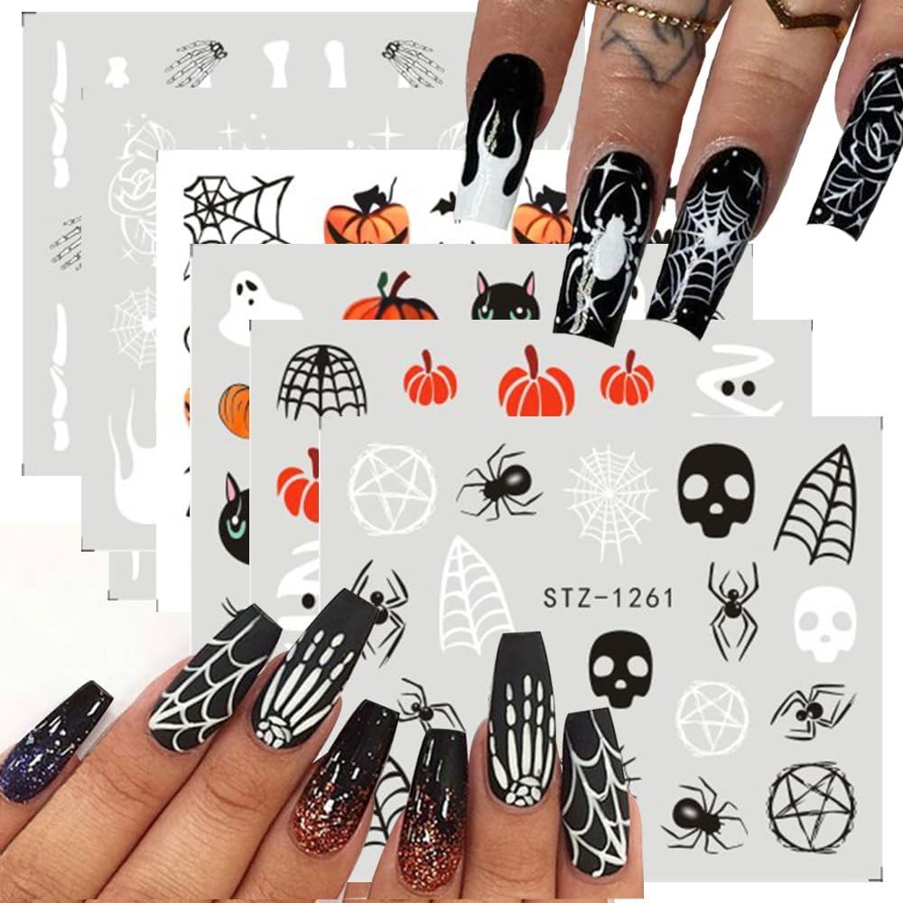 Diduikalor 6 calcomanías de arte de uñas de Halloween 3D, diseño de araña de esqueleto, diseño de arte de uñas, autoadhesivas, diseño de calavera