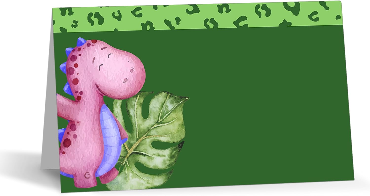 Tarjetas de lugar de dinosaurio para colocar la mesa, 25 tarjetas de lugar con nombre de media pliegue, tarjetas estilo tienda de campaña para