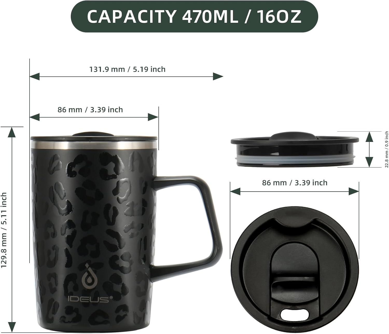 Ideus Taza de café aislada al vacío, reutilizable, de acero inoxidable, de doble pared, de 16 onzas, con asa y tapa deslizante para bebidas