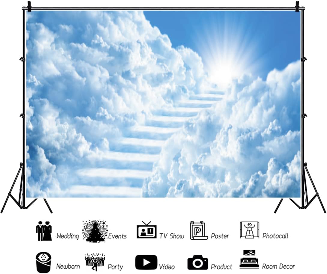 OERJU Telones de fondo de cielo de 8 x 6 pies para fotografía, escalera al cielo, puerta del paraíso, luz del sol, cielo nubes, fondo, baby shower,