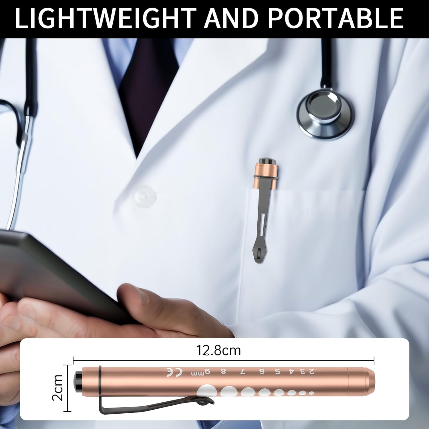 RISEMART Paquete de 6 luces para enfermeras reutilizables con medidor de pupila y regla, luz blanca LED para enfermeras, estudiantes, médicos, EMT