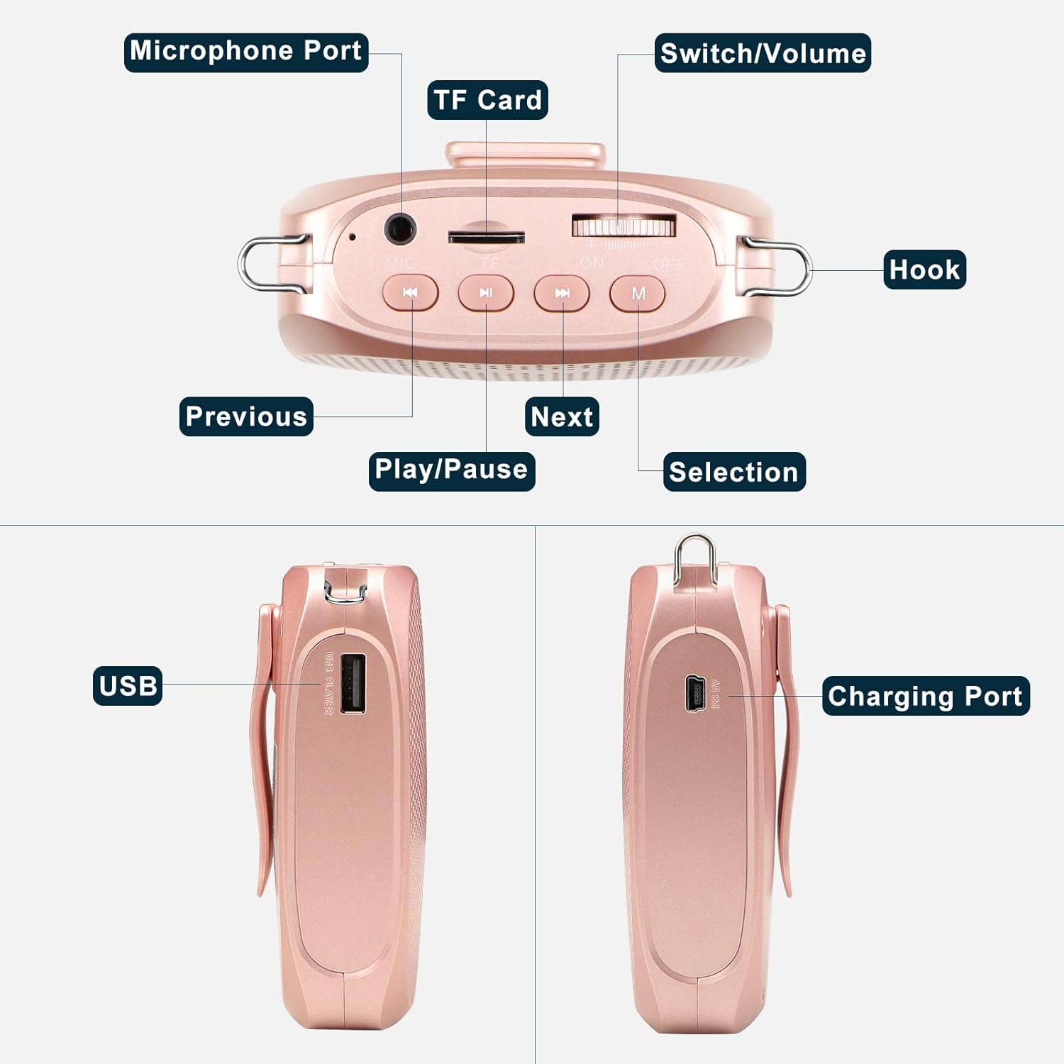 SHIDU Amplificador de voz para profesores, megáfono, sistema PA portátil con micrófono (trabajo de 12 horas) soporta audio de formato MP3 para guías