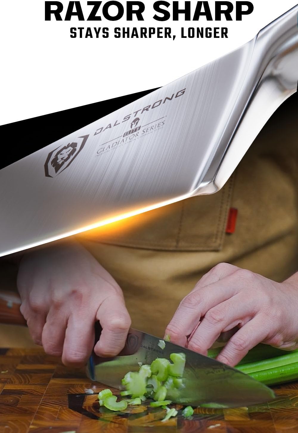 Dalstrong Cuchillo de chef  8 pulgadas  Serie Gladiator  Acero alemán forjado de alto carbono  Mango de ABS naranja  Cuchillo de cocina de espiga
