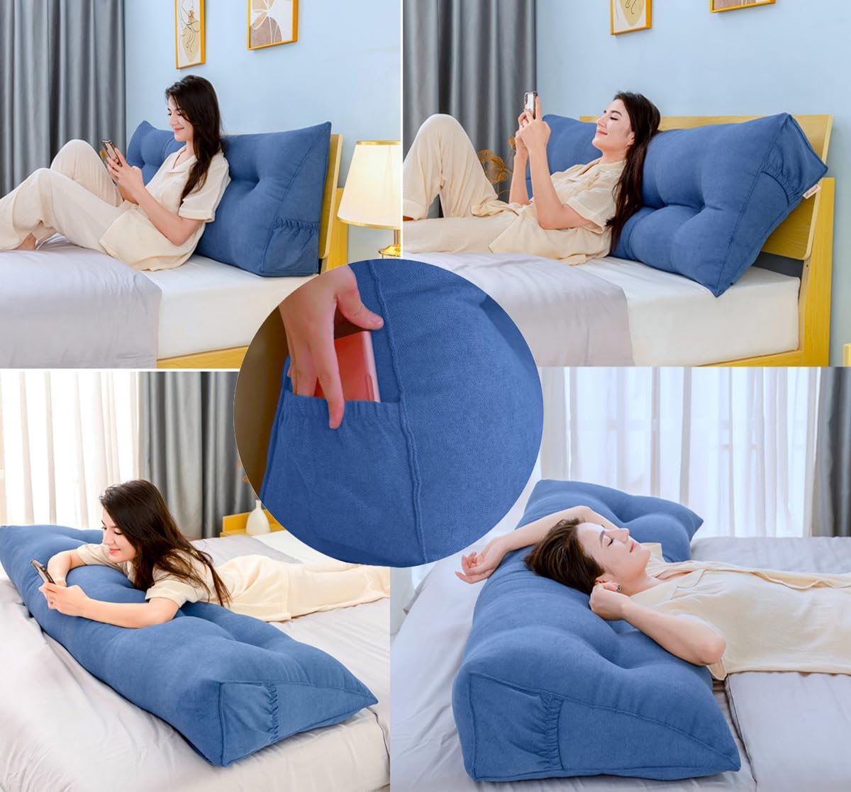 Peachwell Almohada triangular de lectura para reposo en cama, cojín grande para cabecero, respaldo, almohada de cuña con funda extraíble y dos