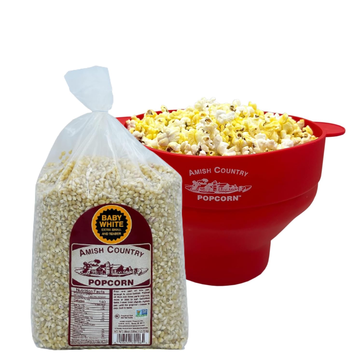 Amish Country Popcorn – Paquete de palomitas de maíz color blanco bebé (bolsa de 6 libras) y de silicona roja  Palomitas pequeñas y tiernas  El