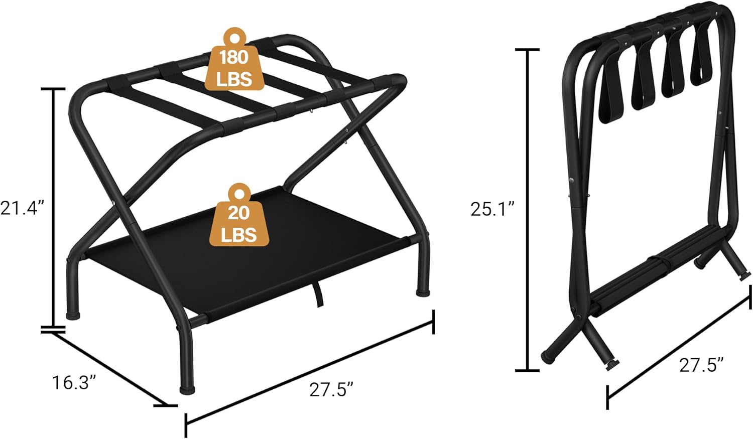 Dunatou Portaequipajes plegable de acero con estante de almacenamiento, soporte de equipaje de acero para habitación de invitados, hotel,