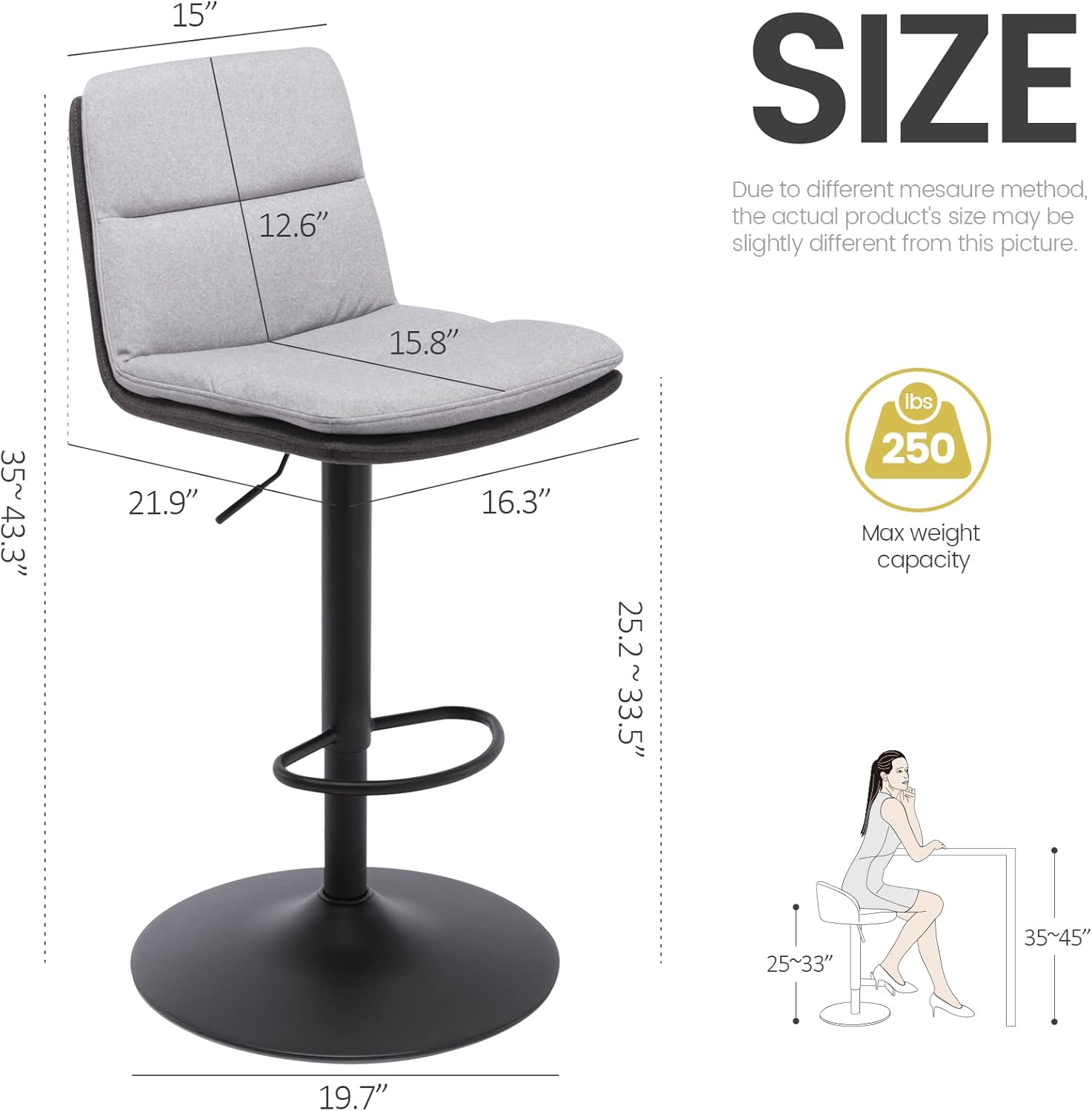 Brage Living Taburete de bar ajustable de tela, taburete giratorio de altura de mostrador con respaldo, silla de bar de cocina sin brazos para
