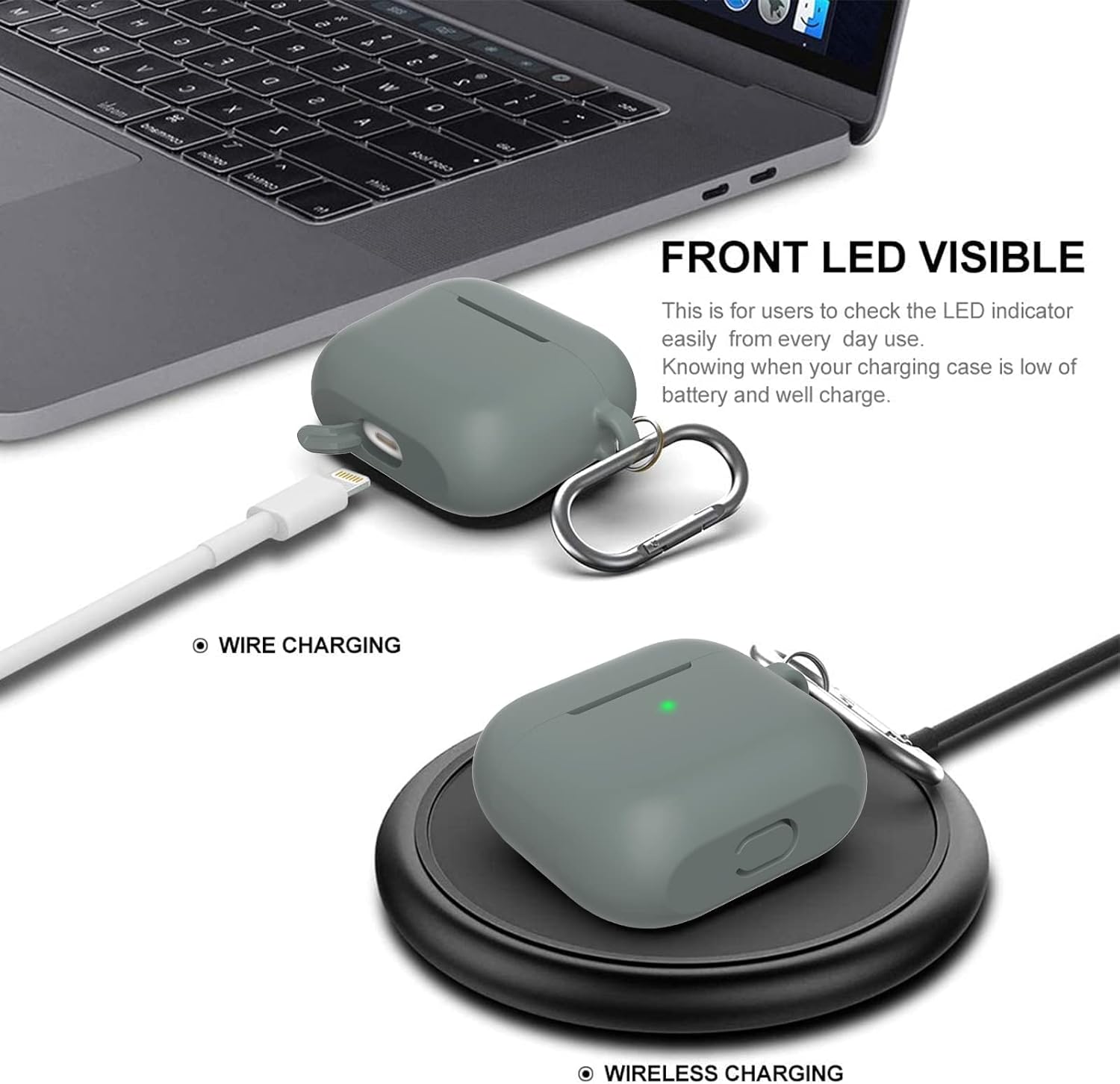 Funda protectora de silicona compatible con AirPods 3 para Airpods de tercera generación 2021 (LED frontal visible), color gris espacial