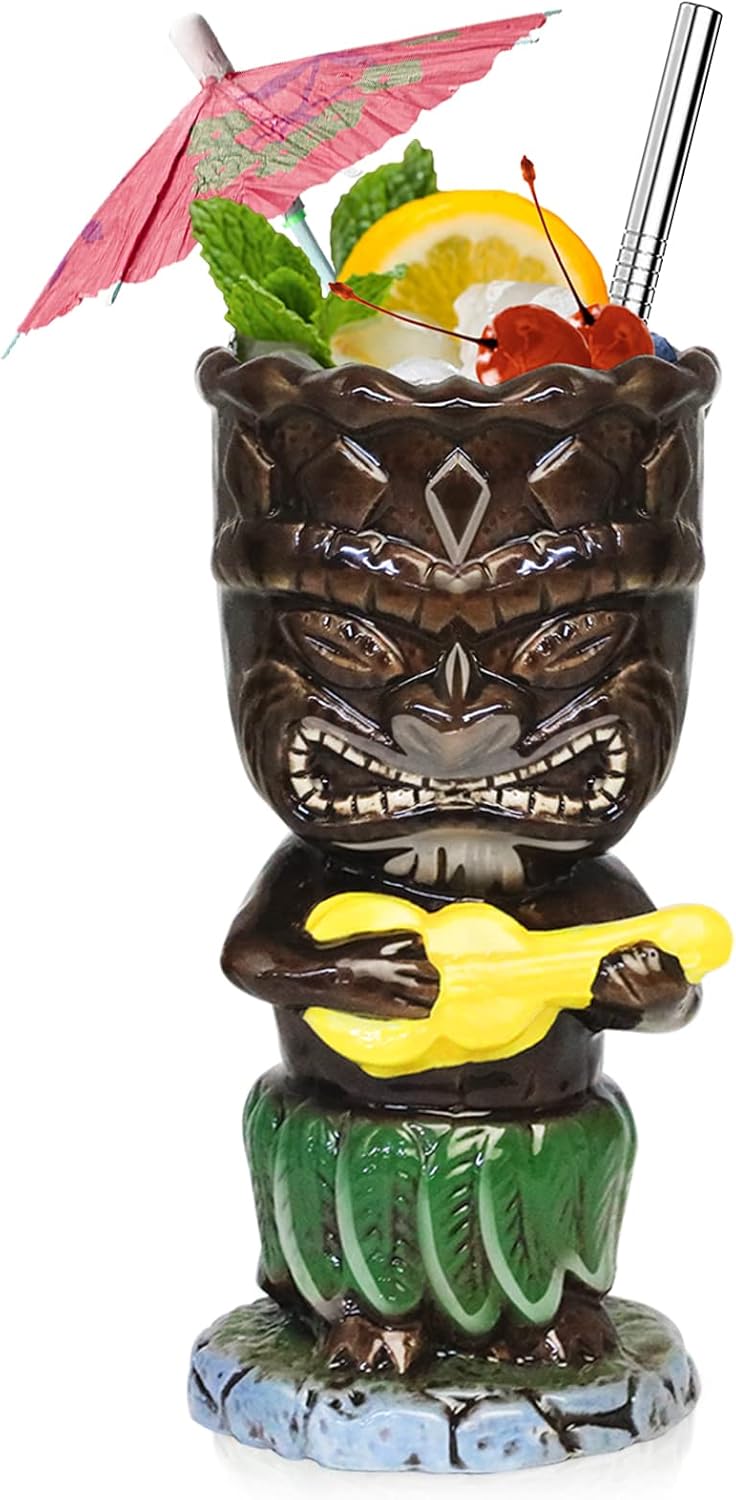 SuproBarware Tiki – Juego de tazas de cóctel de 10.1 fl oz, coloridas tazas de cóctel de cerámica, decoración hawaiana para fiestas exóticas