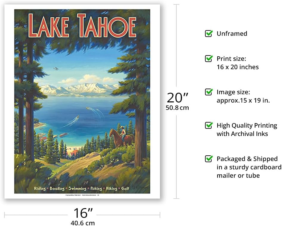 Kerne Erickson – Póster de viaje vintage de Kerne Erickson Lake Tahoe California, equitación, barco, natación, pesca, senderismo, golf, impresión de