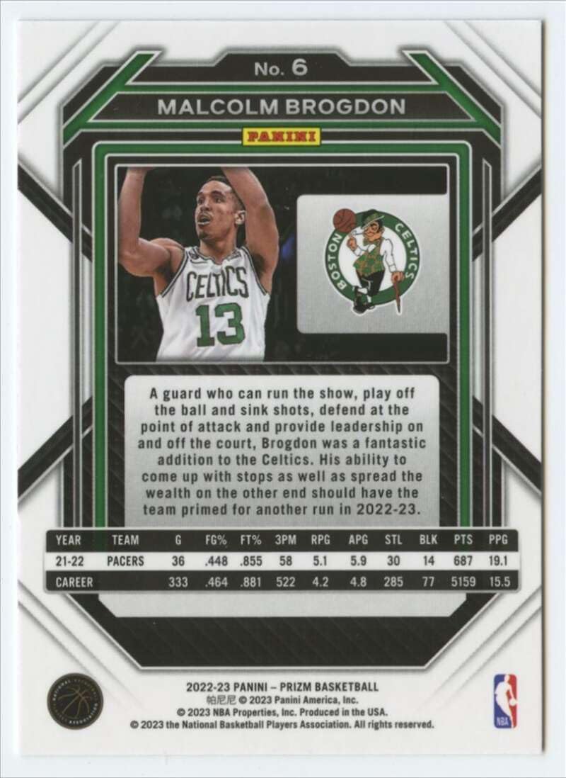 2022-23 Panini Prizm #6 Malcolm Brogdon Boston Celtics NBA Basketball Trading Card