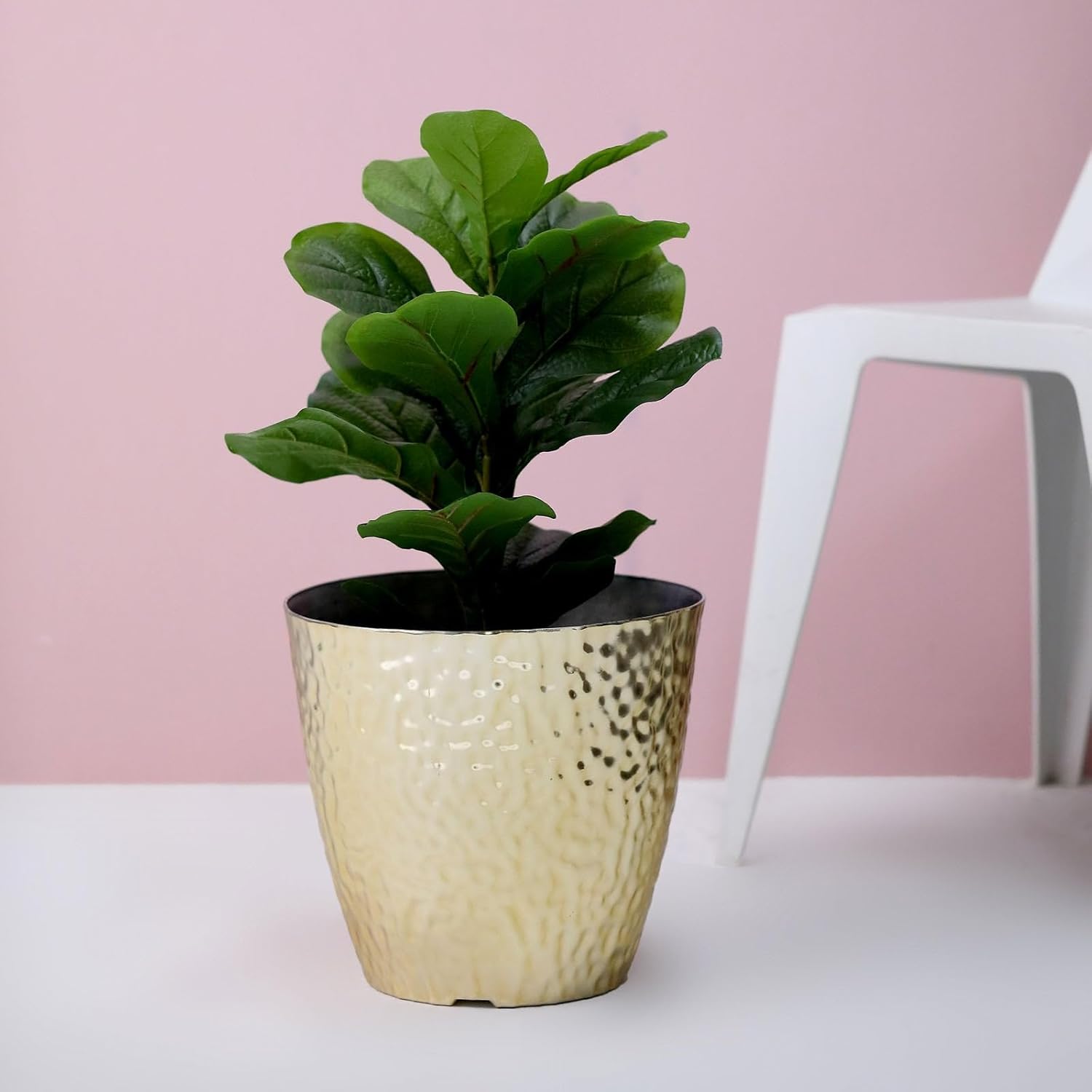 Efavormart – Maceta de polipropileno dorado de 11 pulgadas para interiores, maceta para plantas con diseño martillado metálico
