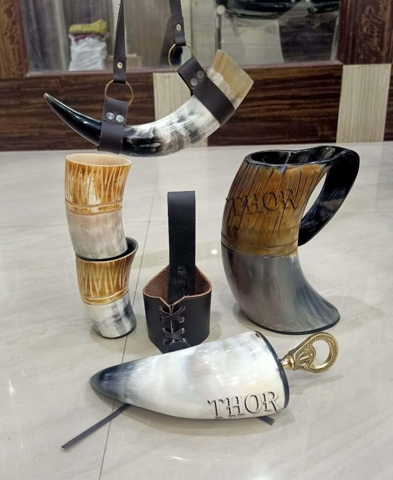 Juego de jarras hechas a mano para cerveza, mead, vino, vikingo, bocina de buey auténtica, taza para beber con funda de cinturón de cuerno, abridor