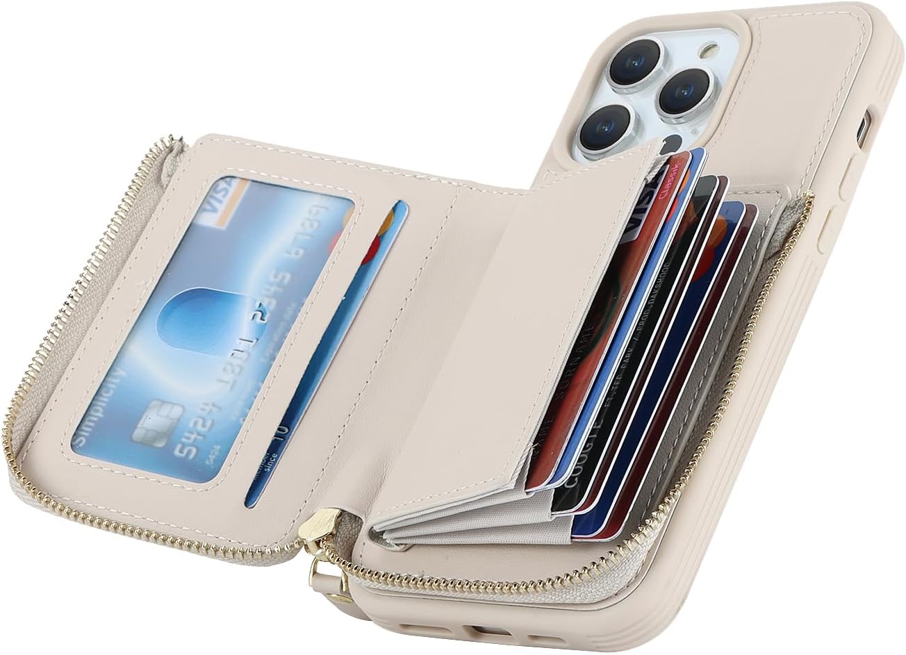 Funda para iPhone 14 Pro Max con tarjetero con cremallera para mujer, iPhone 14 Pro Max, cartera con tarjeta de crédito con anillo y soporte de