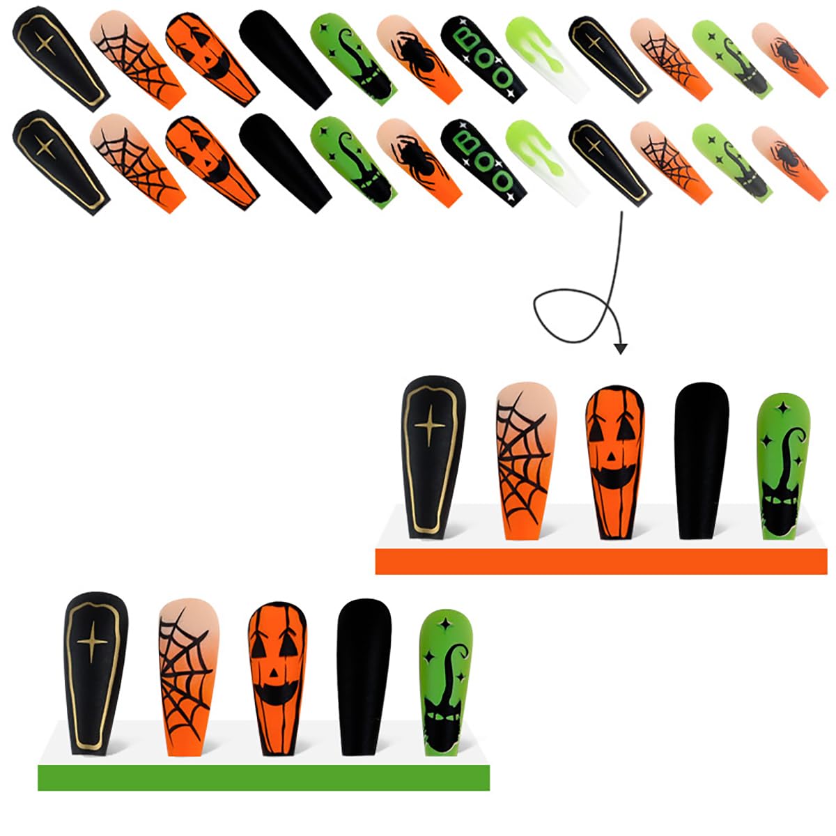 Uñas postizas largas cuadradas para Halloween, con pegamento, diseño de telaraña, lápida de gato, diseño de telaraña, uñas acrílicas, fantasma, arte
