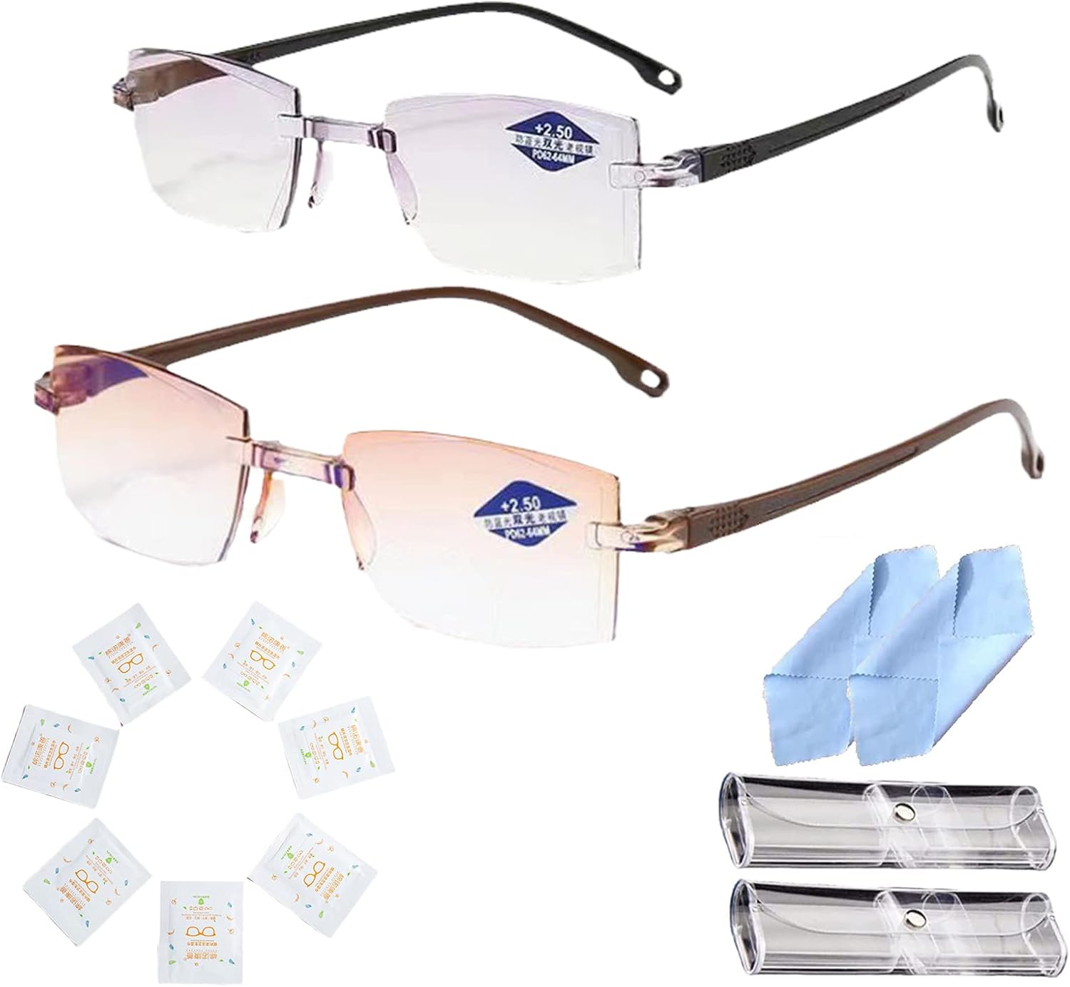 Paquete de 2 lentes de lectura FoldFlat Sapphire de alta dureza, antiazul, progresivos, lejanos y cercanos, de doble uso (+2.5)