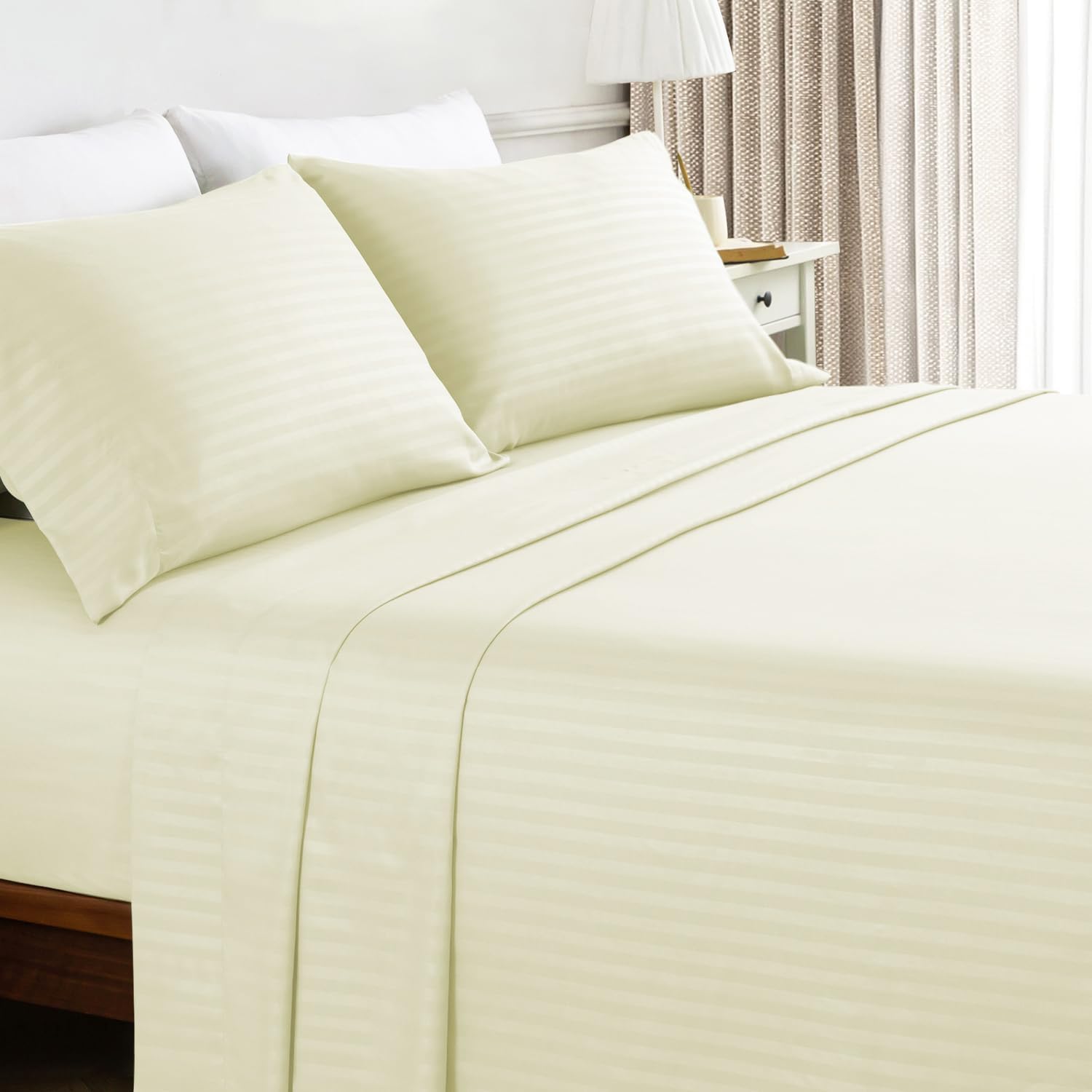 Juego de sábanas a rayas color crema, tamaño Queen, 100% microfibra, juego de sábanas de lujo de hotel, sábanas refrescantes suaves, sábanas de