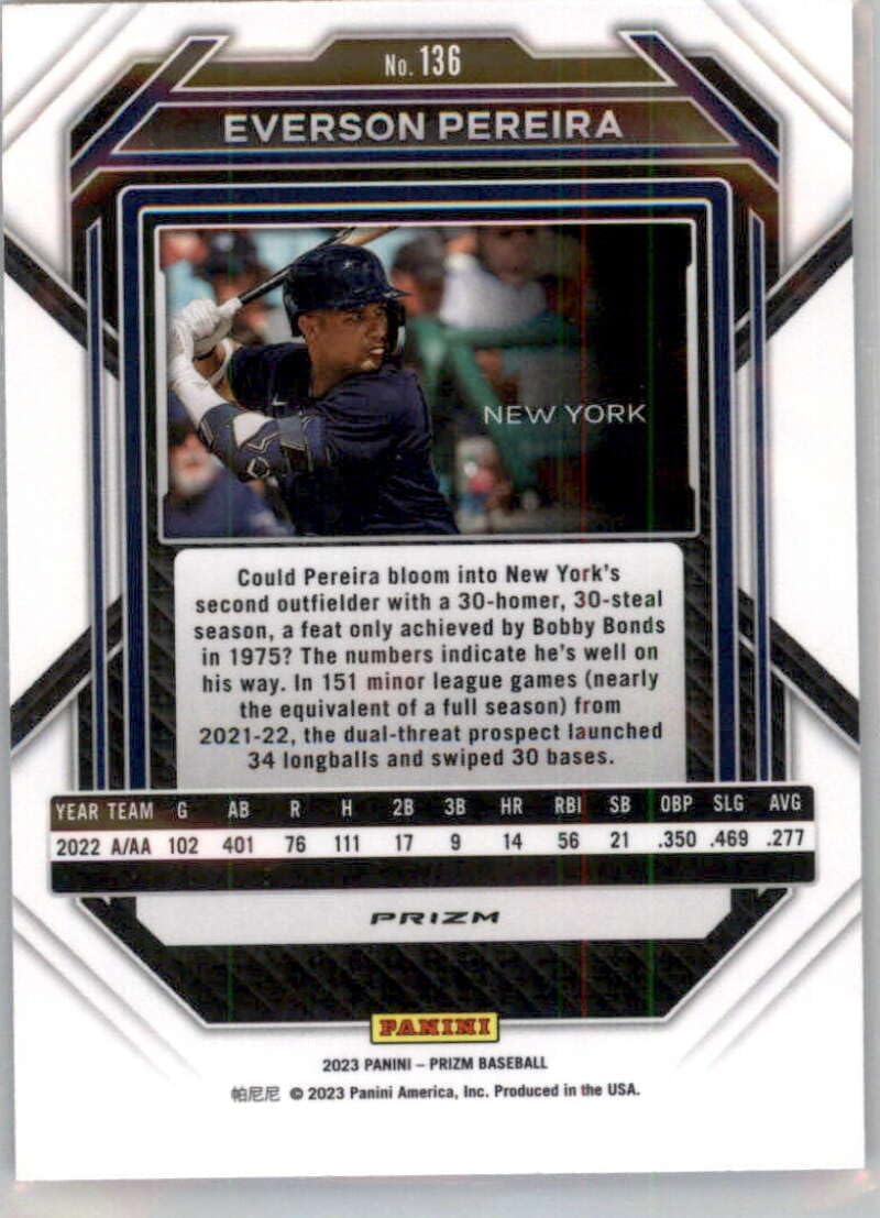 2023 Panini Prizm Blue Ice PRIZMS #136 Everson Pereira New York Yankees Baseball Card in Raw (NM or Better) Condition