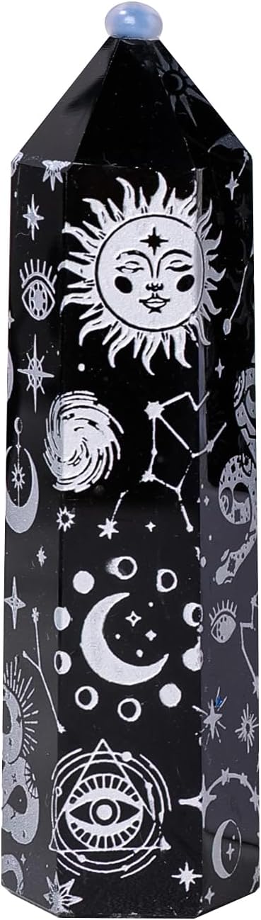 Runyangshi 1 torre de obsidiana de cristal natural curativo, torre de energía de 7 chakras, torre plateada arenada, estrella, luna, sol, decoración