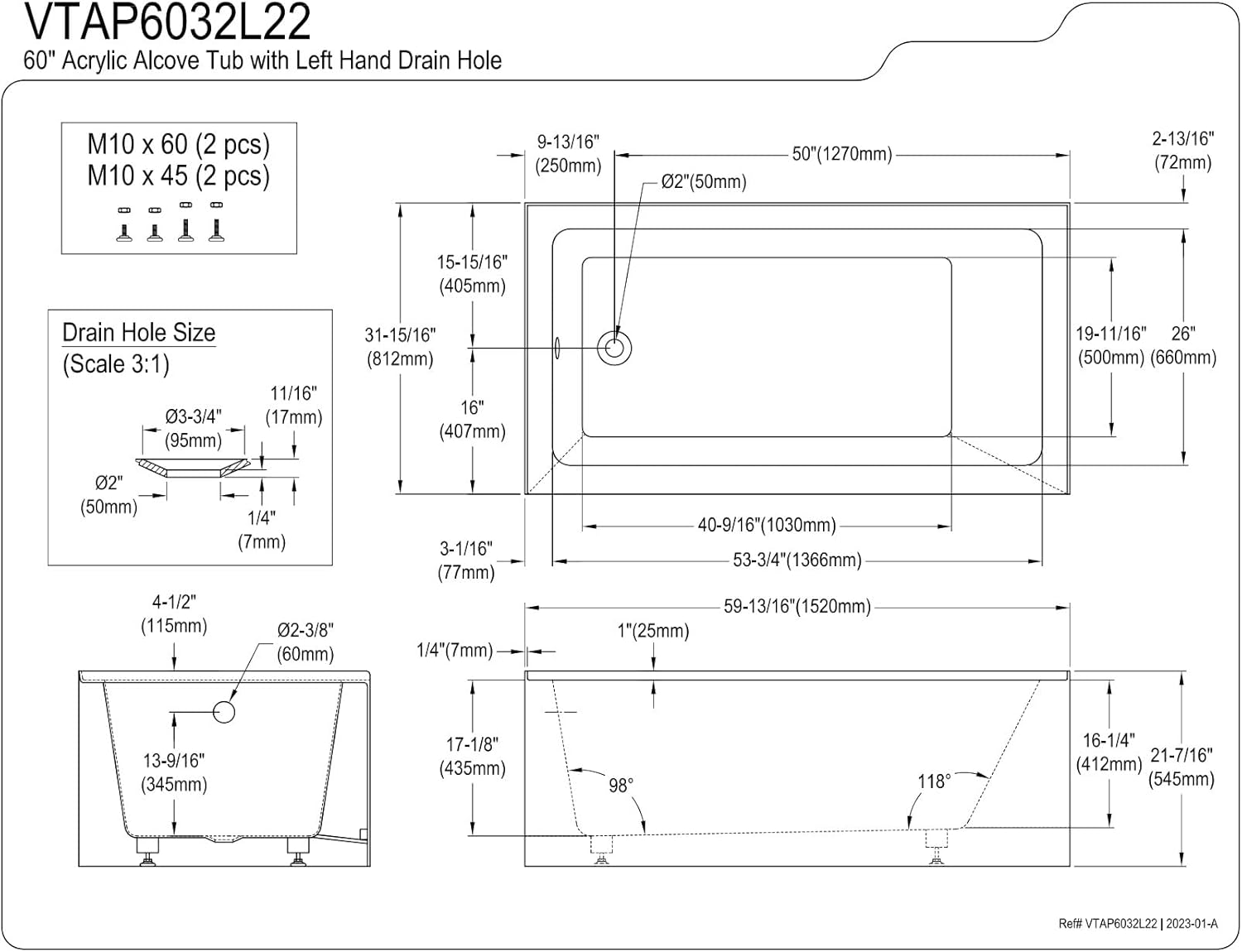 Kingston Brass VTAP6032L22 Aqua Eden – Tina de alcoba acrílica de 60 pulgadas con orificio de drenaje para mano izquierda, blanco brillante