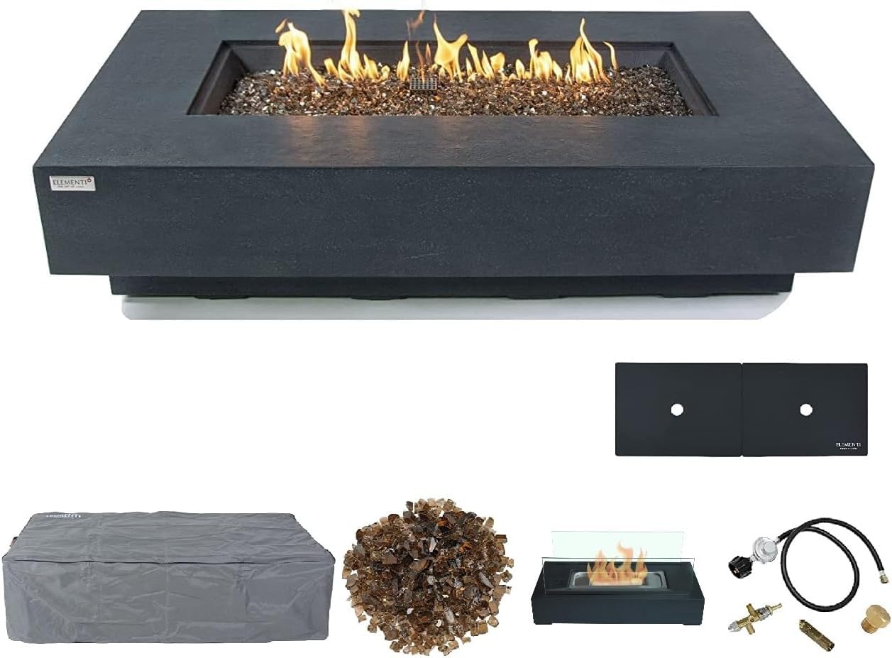 AMS Chimenea Elementi  Mesa de hormigón de gas natural para patio exterior  Cubierta de lona, roca de lava, tapa de quemador de aluminio y válvula