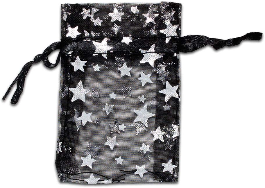 The Display Guys – Paquete de 100 bolsas de regalo de organza transparente de 2 x 2.5 pulgadas con cordón (tamaño XS, estrellas metálicas