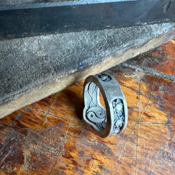 Handcrafted Japanese Lotus Flower Silver Ring, 0.024 lbs, 0,47 x 0,47 Inch, Pisces-inspired Fish Design, Yin Yang Symbol, Memorial Gift, Unique