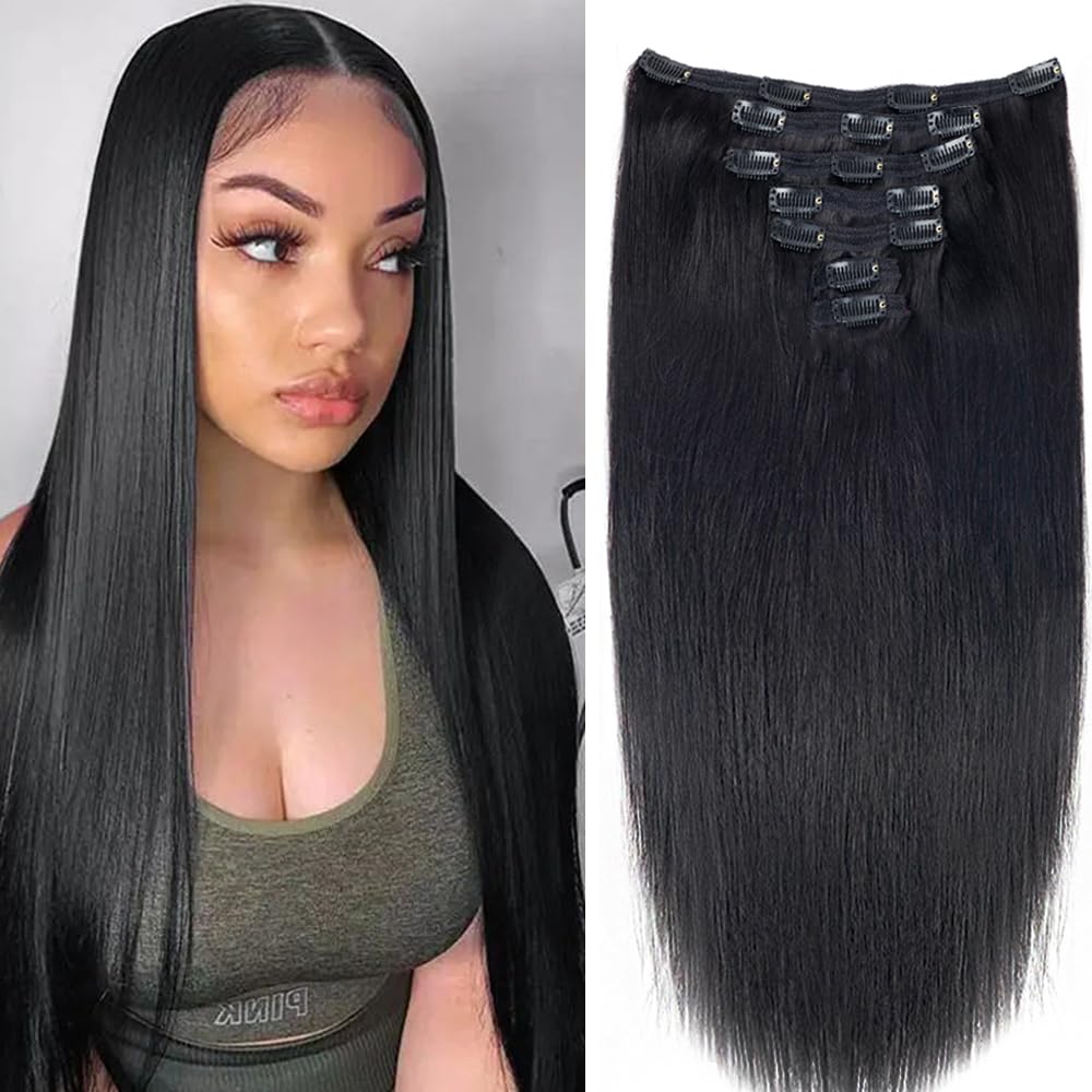 Pobokix Extensiones de cabello lacio con clip para mujer, 100% sin procesar, extensiones de cabello humano virgen brasileño, 7 piezas con 16 clips,