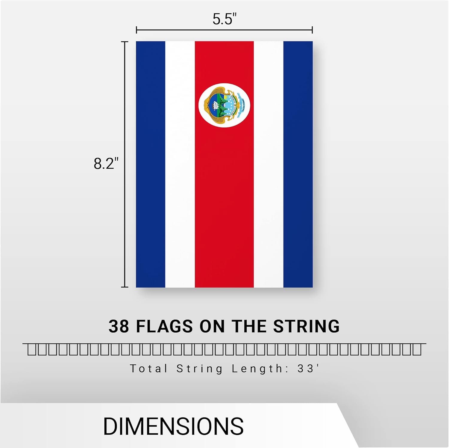 G128 Bandera costarricense de Costa Rica  Bandera de 8.2 x 5.5 pulgadas, cuerda completa de 33 pies  Poliéster 150D impreso, decoraciones para bar,