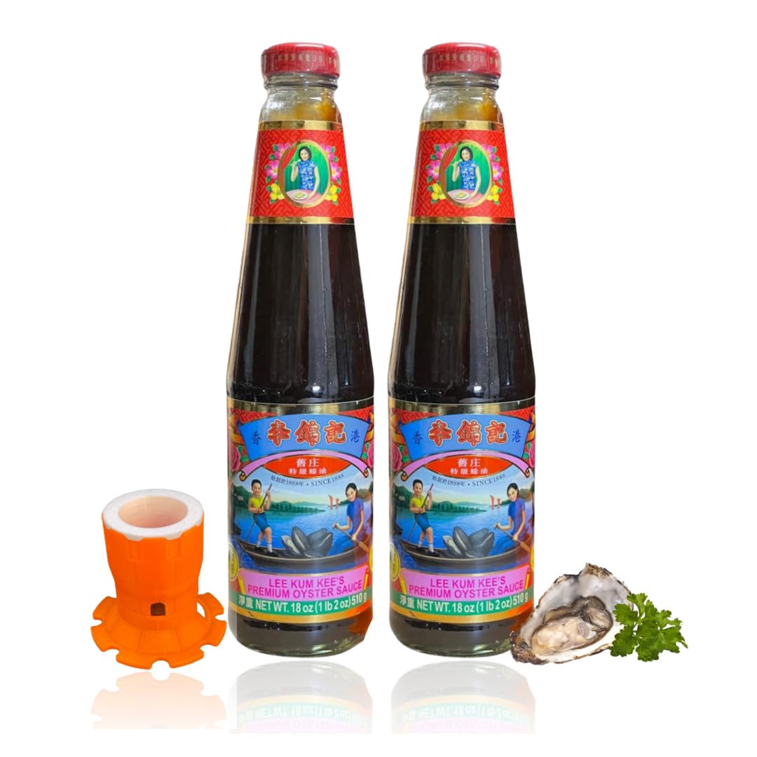 Lee Kum Kee – Salsa de ostras premium, botellas de vidrio de 18 onzas (paquete de 2)  Salsa asiática versátil  Incluye tapas dispensadoras para