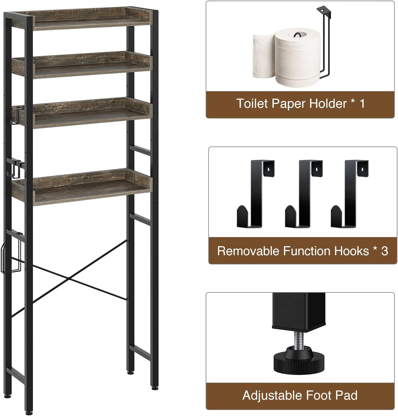 Rolanstar Estante de almacenamiento sobre el inodoro, ahorro de espacio de baño de 4 niveles con estantes ajustables, organizador de baño para baño,