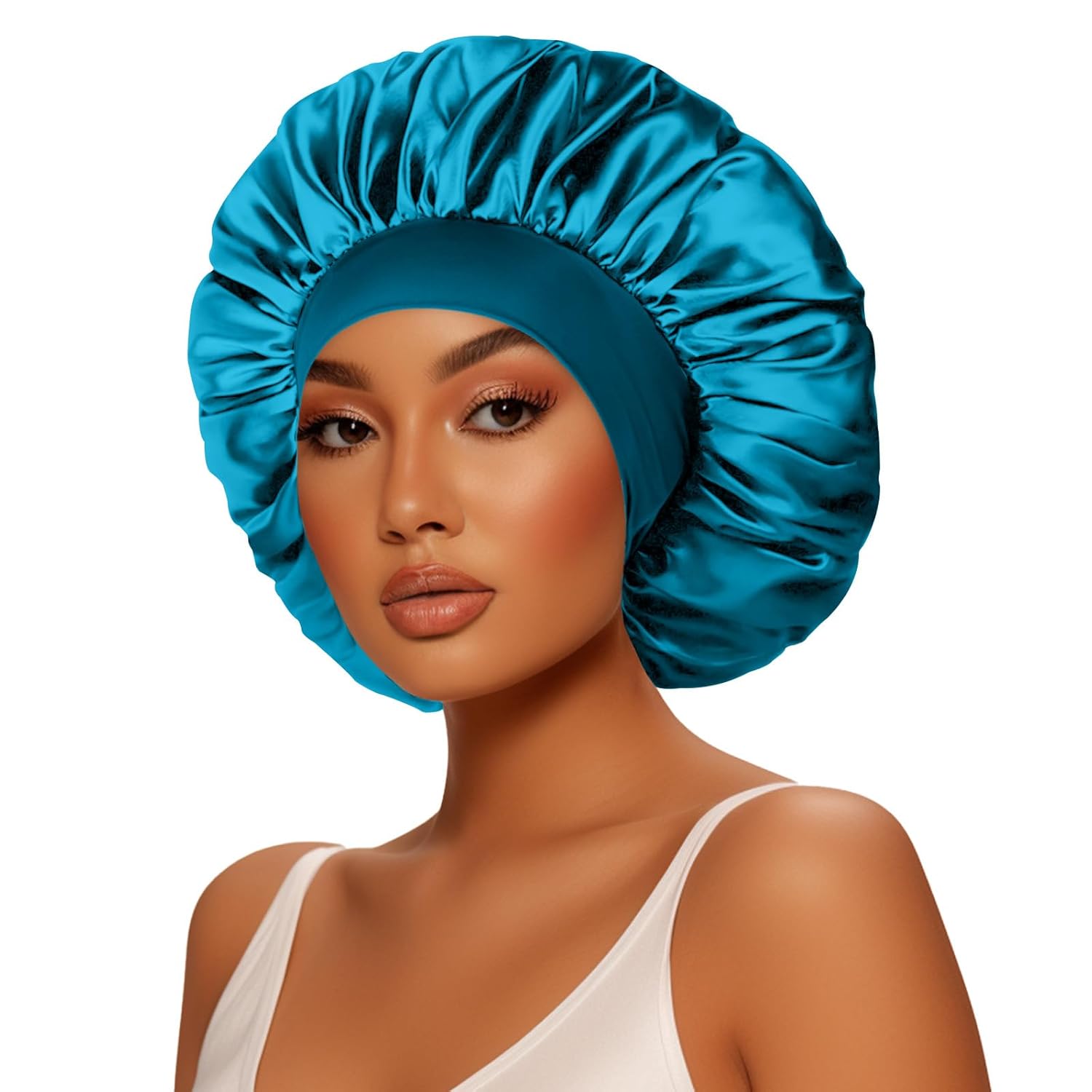 DAFFECS 2 gorros de seda extra grandes para dormir, 17 pulgadas de satén jumbo para mujer, banda ancha elástica de seda para cabello rizado (negro