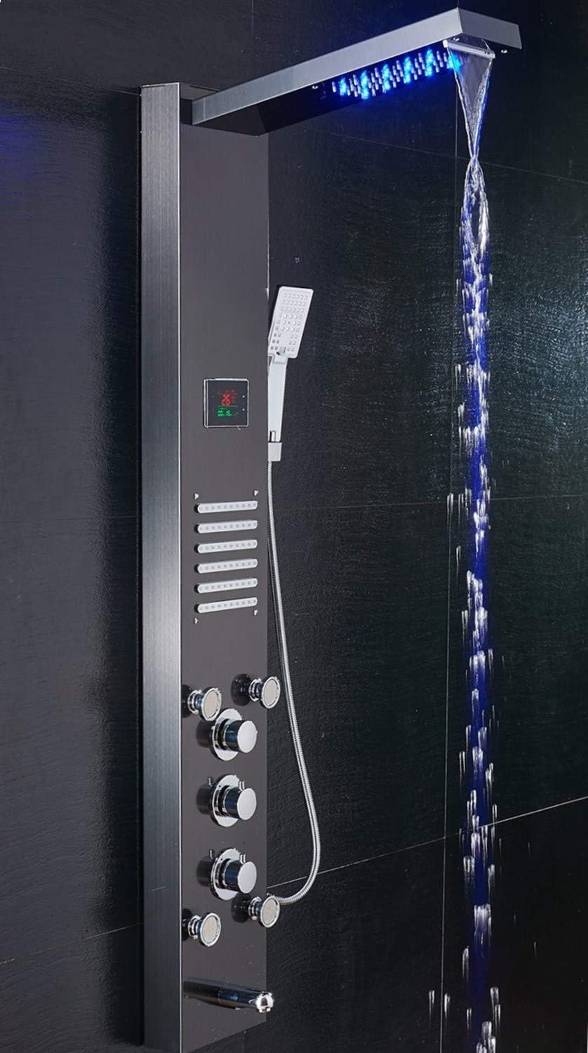 Torre de panel de ducha LED, cabezal de ducha de cascada con sistema de ducha de chorros corporales de masaje, negro.
