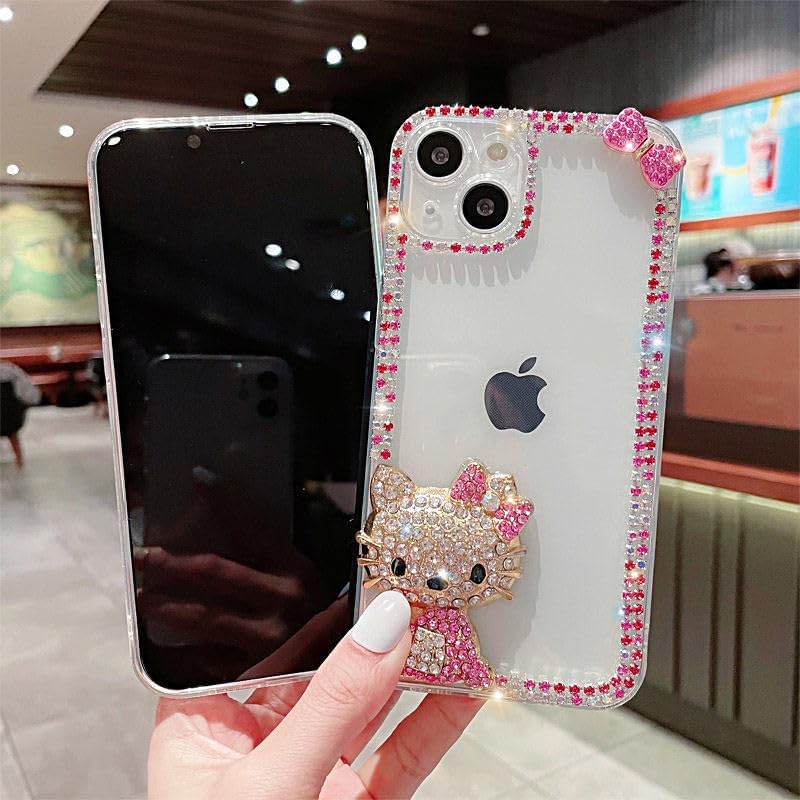 Victor – Funda de silicona para mujer con diamantes de imitación y diamantes de imitación para iPhone 14, 13, 12, 11, Hello KT, color rosa KT