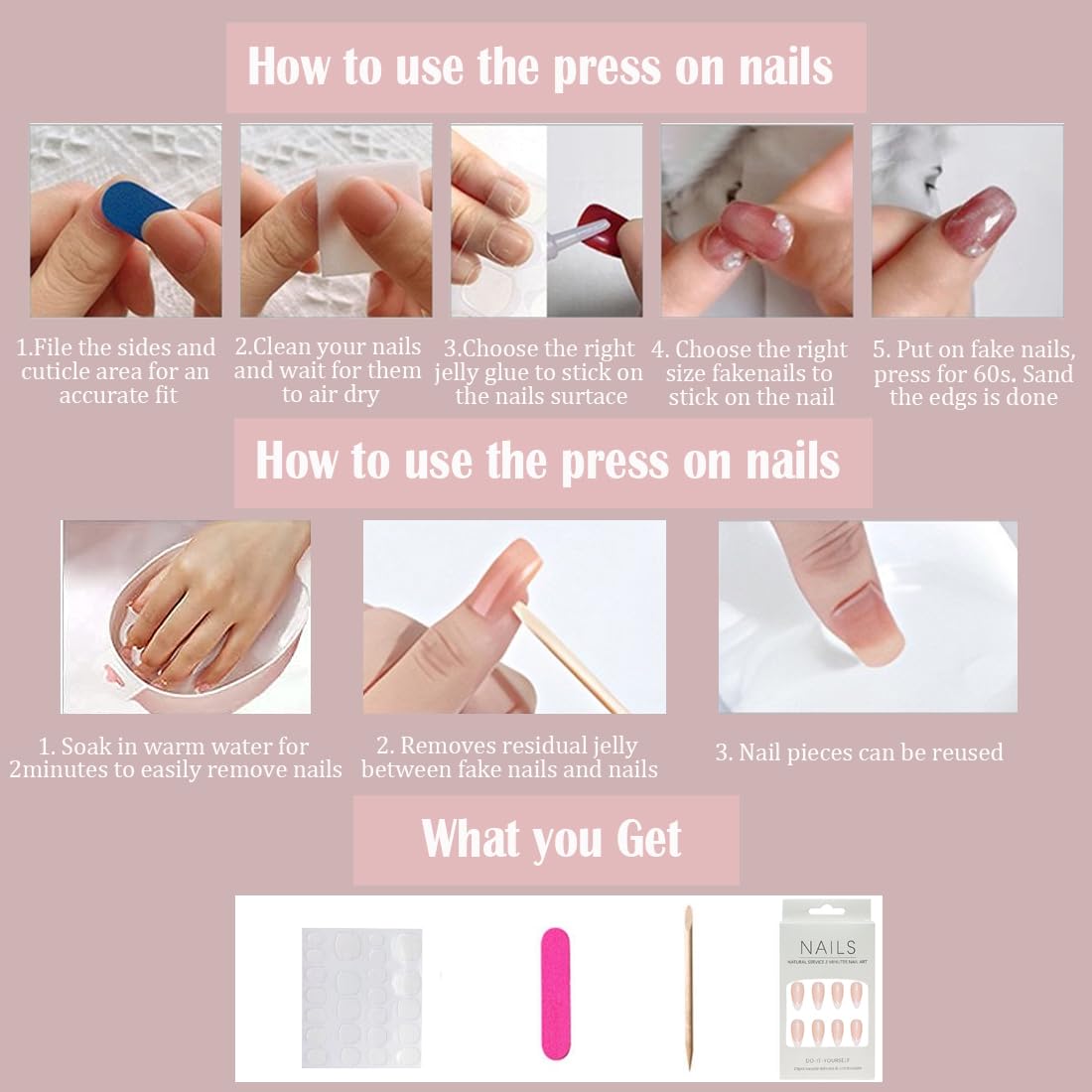 24 uñas postizas a presión, color rosa brillante con diseños, uñas postizas de cobertura completa, uñas postizas de acrílico artificiales, uñas